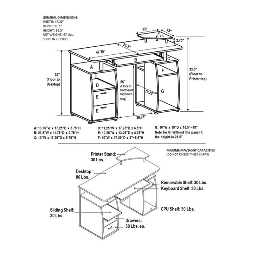 Pemberly Row Espresso Home Office Computer Desk with CPU Storage Cabinet & Drawers - Perfect for Small Spaces, Remote Work & Study