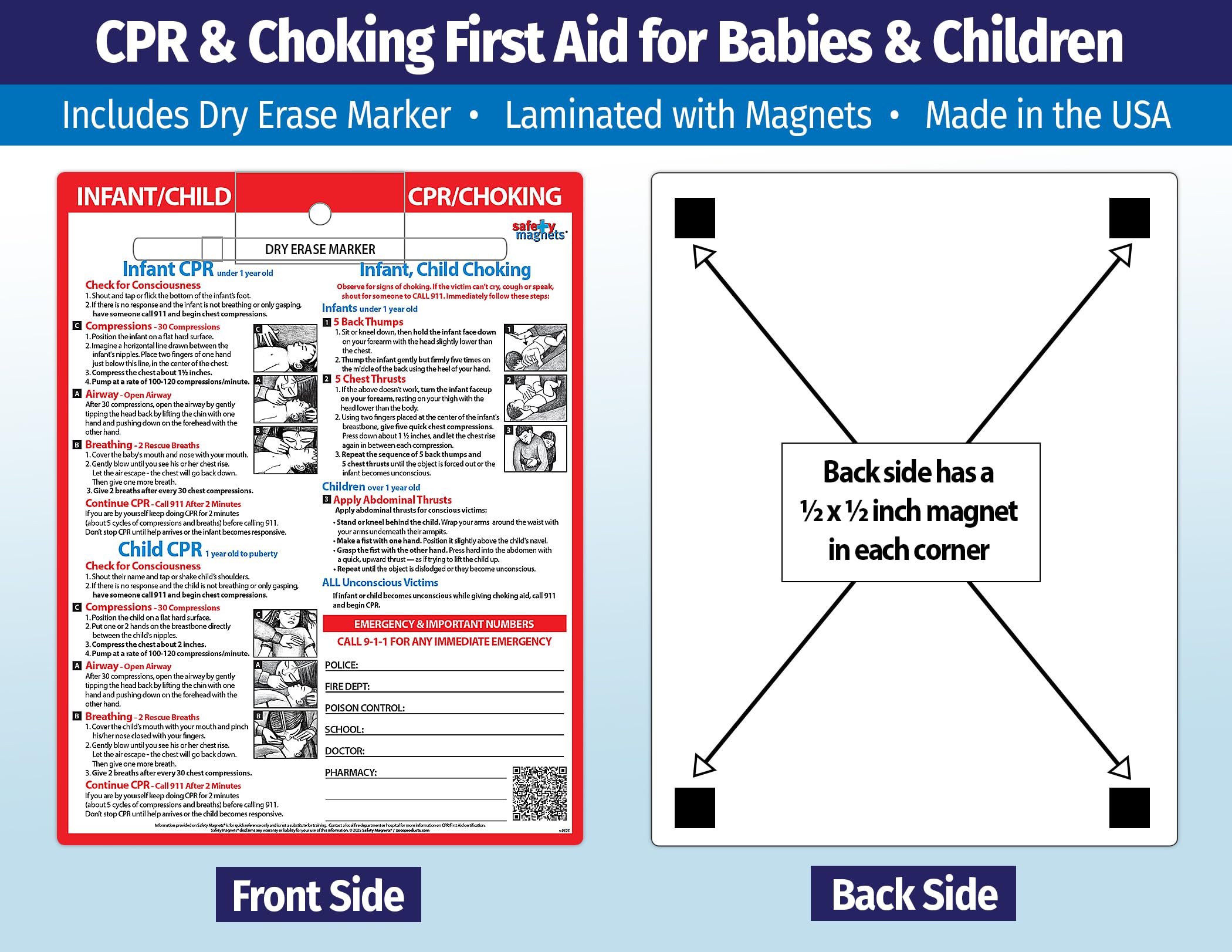 20 Pack Infant & Child CPR Choking First Aid Magnets - Laminated Emergency Quick Reference Cards with Marker (8.5x11 in) - Perfect for Daycares, Schools & Home Safety
