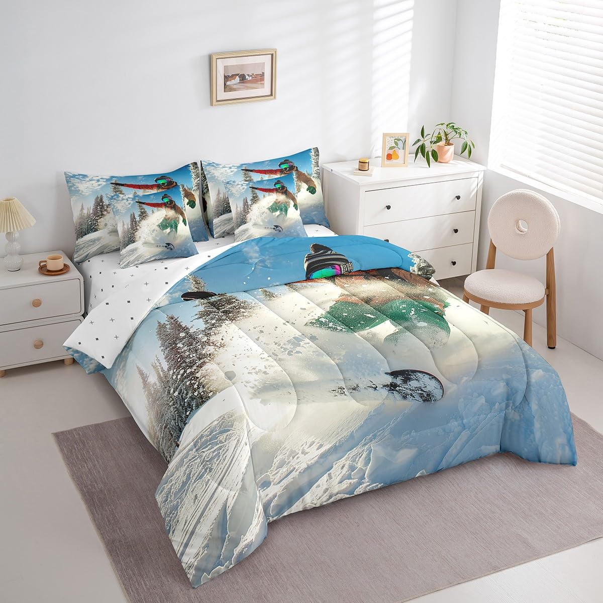 Feelyou Skiing 7-Piece Queen Bedding Set - Ski Sports Comforter Set with Sheets, Pillowcases & Pillow Covers - Ultra Soft Breathable Bedding for Winter Sports Enthusiasts - Perfect for Ski Lodges, Cabin Retreats & Cozy Bedrooms