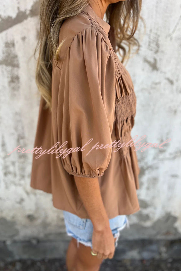 Solid Color Round Neck Button Pleated Short Sleeve Casual Shirt for Women - Summer Office Wear & Weekend Outfits