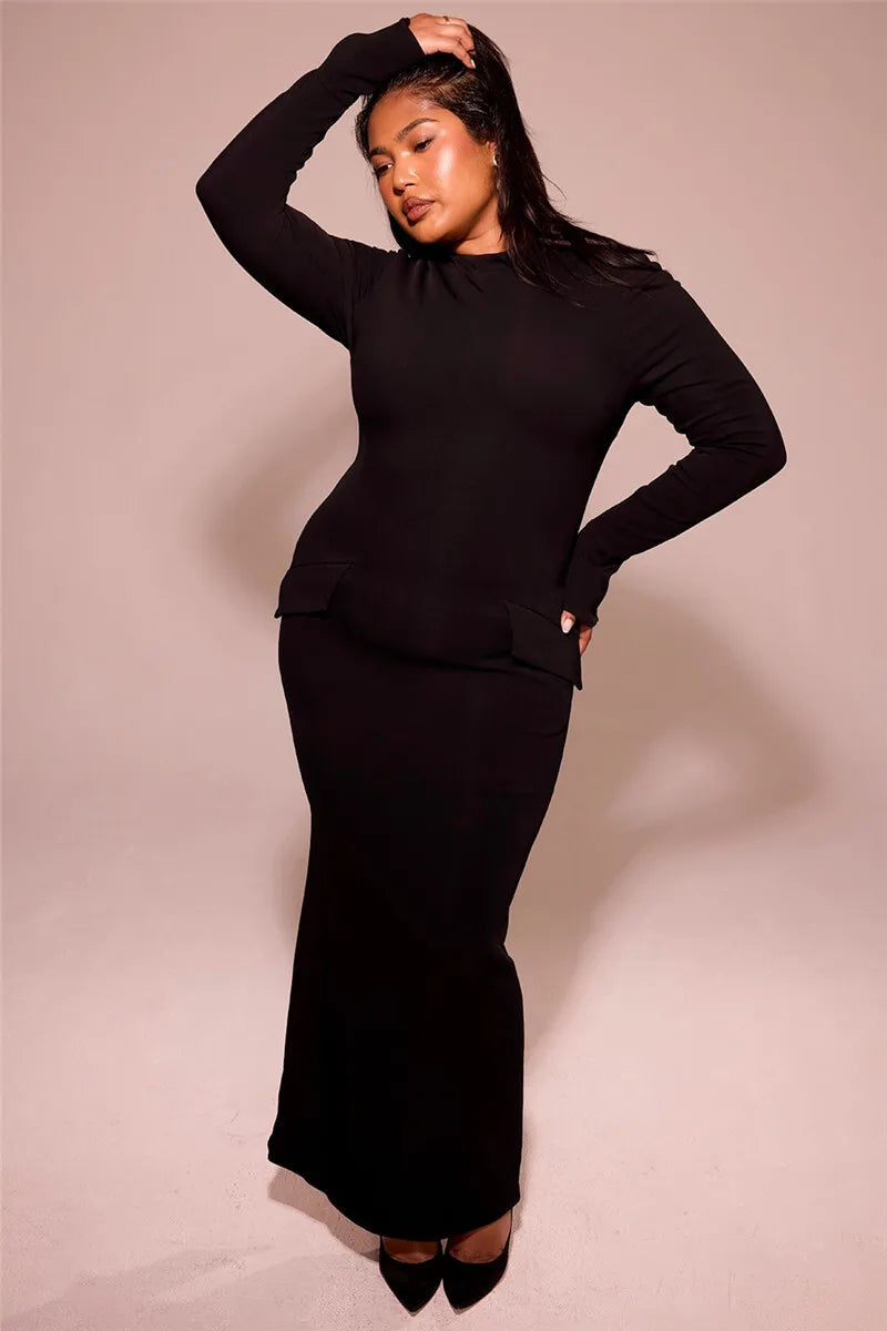 Elegant Black Long Sleeve Bodycon Maxi Dress for Women - O Neck with Two Pockets & Back Split - Perfect for Fall Winter Fashion, Date Nights, and Evening Parties