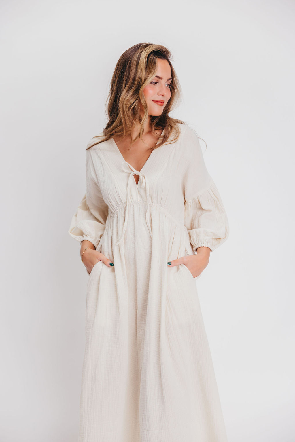 Hunter 100% Cotton Gauze Midi Dress in Soy - Bump Friendly Maternity Dress for Pregnancy, Nursing & Postpartum - Perfect for Summer, Beach & Casual Wear