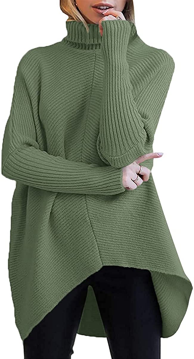 Women's Turtleneck Long Sleeve Batwing Pullover Sweater - Asymmetric Hem Knit Top for Casual Wear | Office, Date Night & Fall Outfits