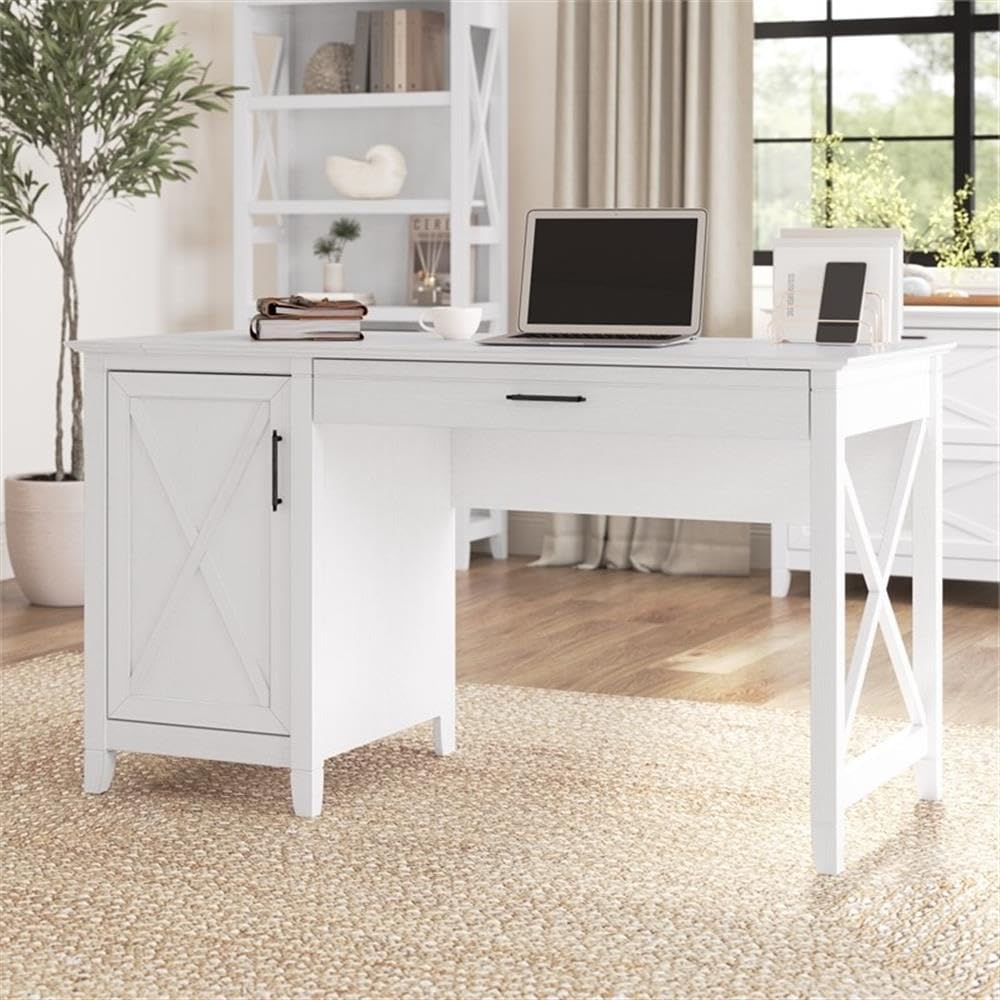 Modern White Wooden Computer Desk with Storage - Sleek Home Office Desk for Work & Study | Atlin Designs Contemporary Writing Table for Small Spaces & Dorm Rooms