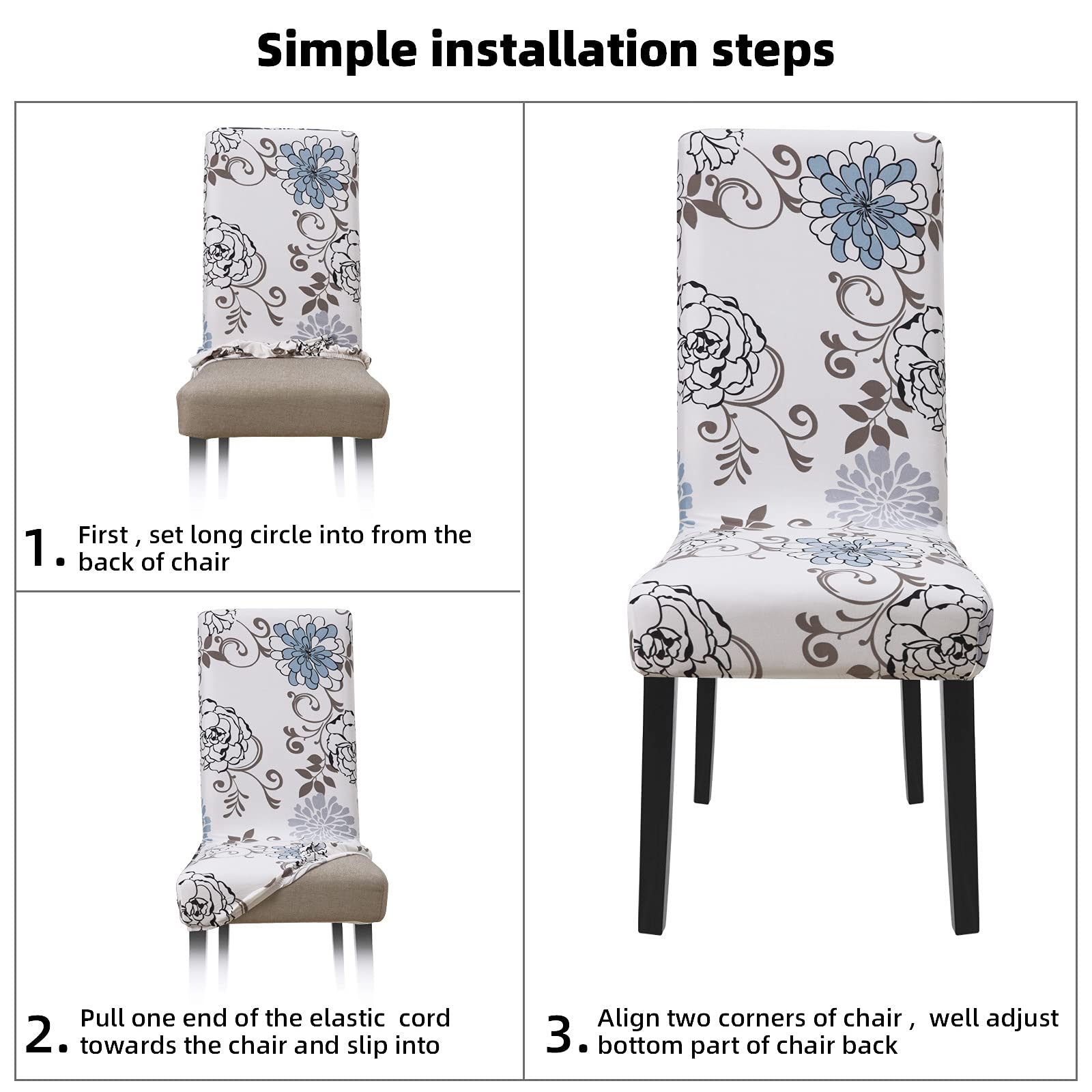 Stretch Spandex Dining Chair Covers - Washable & Removable Parson Chair Slipcovers for Kitchen, Dining Room & Office - Set of 6 (Beige/Blue) | Protect & Decorate Your Chairs with Easy-Clean Fabric Covers