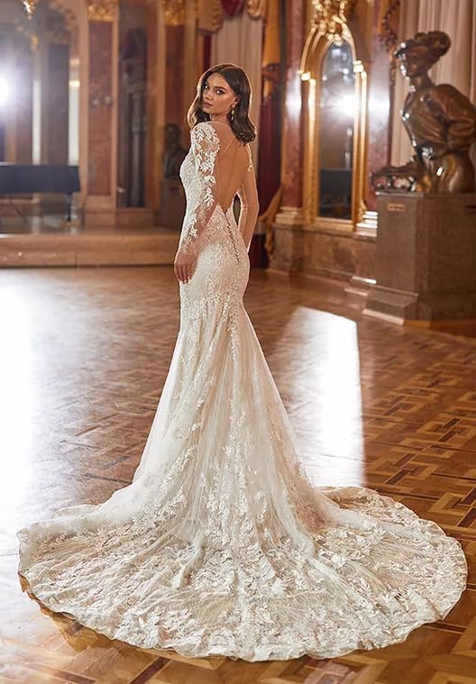 Elegant Long Sleeve Mermaid Wedding Dress with Lace Details - V-Neck Bohemian Bridal Gown for Vintage Beach Weddings, Outdoor Ceremonies & Romantic Photoshoots