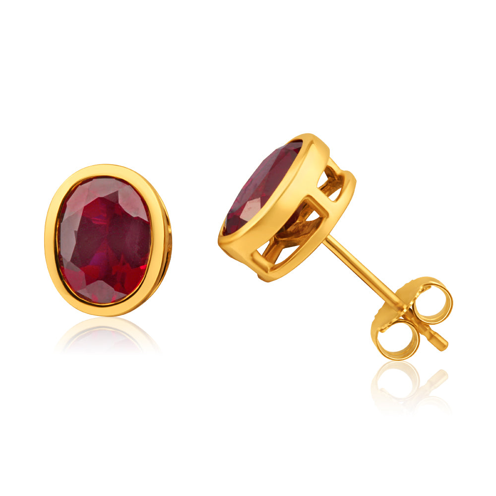 9ct Elegant Yellow Gold Created Ruby Stud Earrings 8x6mm - Perfect for Weddings, Parties & Everyday Wear
