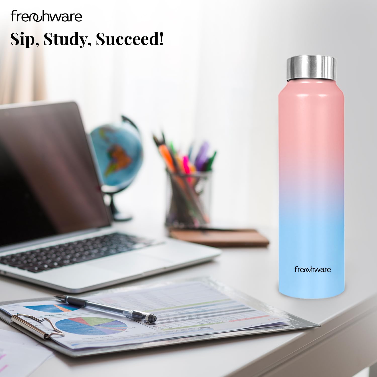 Premium Stainless Steel Water Bottle 1L (34oz) - Frenchware Vacuum Insulated, BPA-Free, Leak Proof - Sky Blue & Blush - Ideal for Gym, Hiking, Office & School - Keeps Drinks Cold 24Hrs/Hot 12Hrs - Durable & Easy to Clean