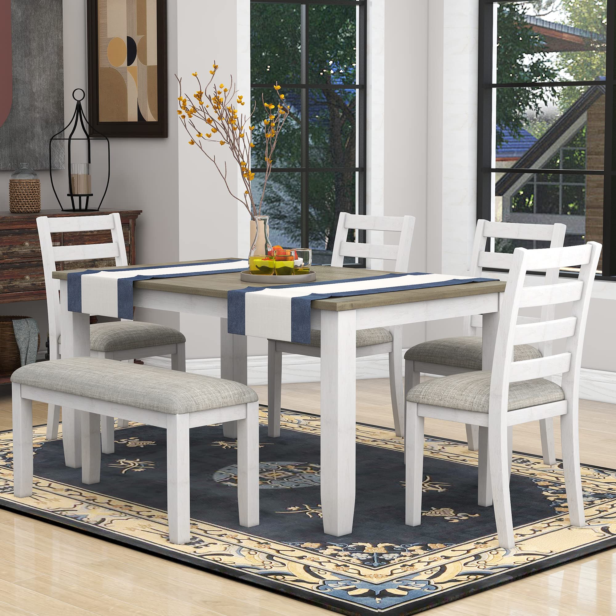 Merax 6-Piece Wooden Dining Table Set with 4 Upholstered Chairs and Bench, Brown & Whitewash Finish - Perfect for Kitchen, Dining Room, Breakfast Nook and Small Space Decor
