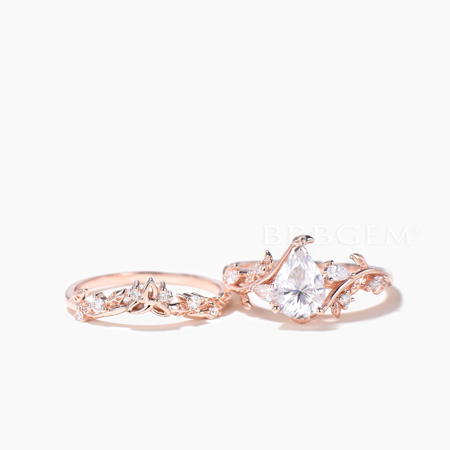 Teardrop Cut Moissanite Celtic Knot Bridal Set with Leaf Engagement Ring - Elegant Wedding Jewelry for Brides & Anniversary Gifts
