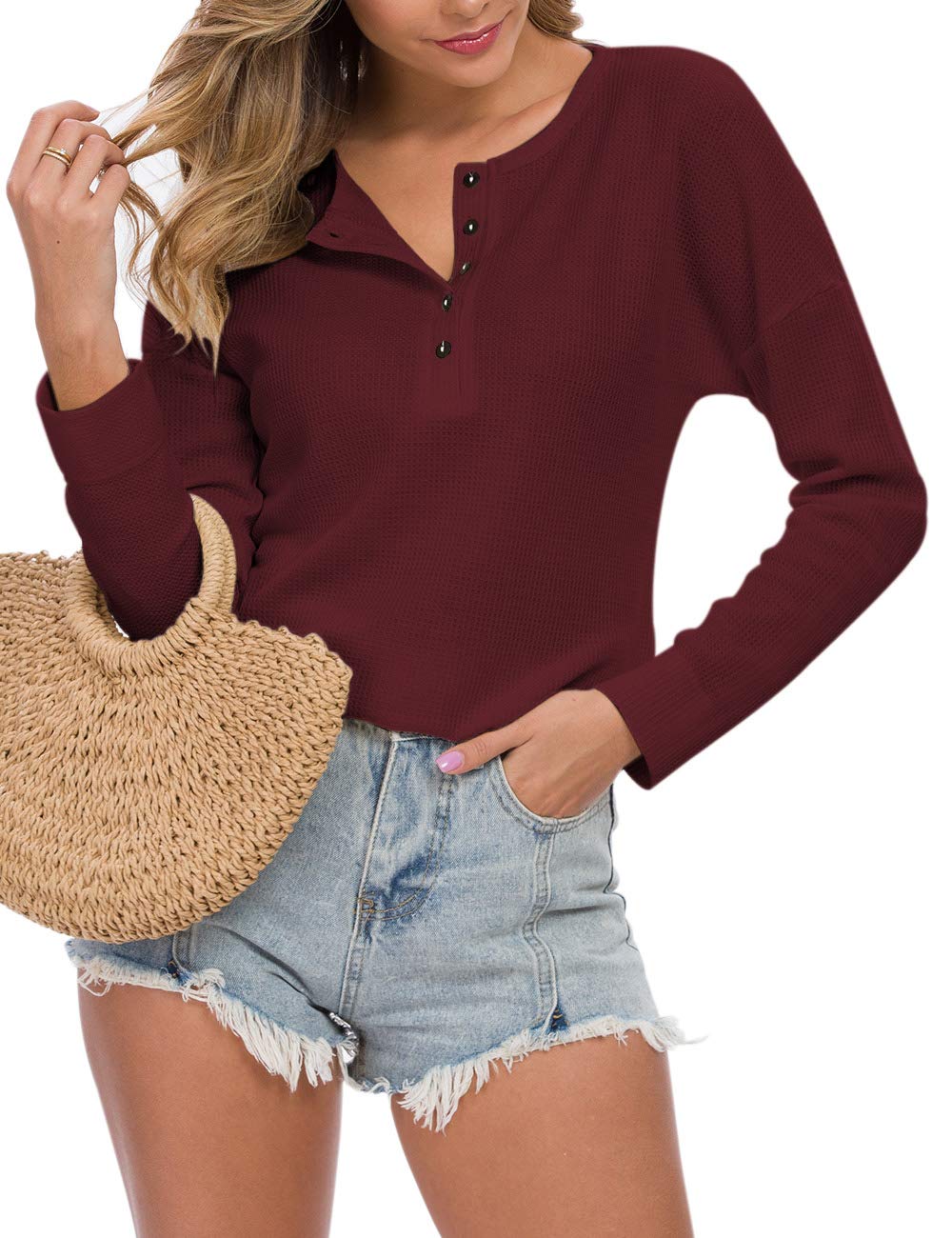 WNEEDU Women's Waffle Knit Tunic Top - Loose Long Sleeve Button Up V-Neck Henley Shirt for Casual Wear, Office Outfits & Fall Layering