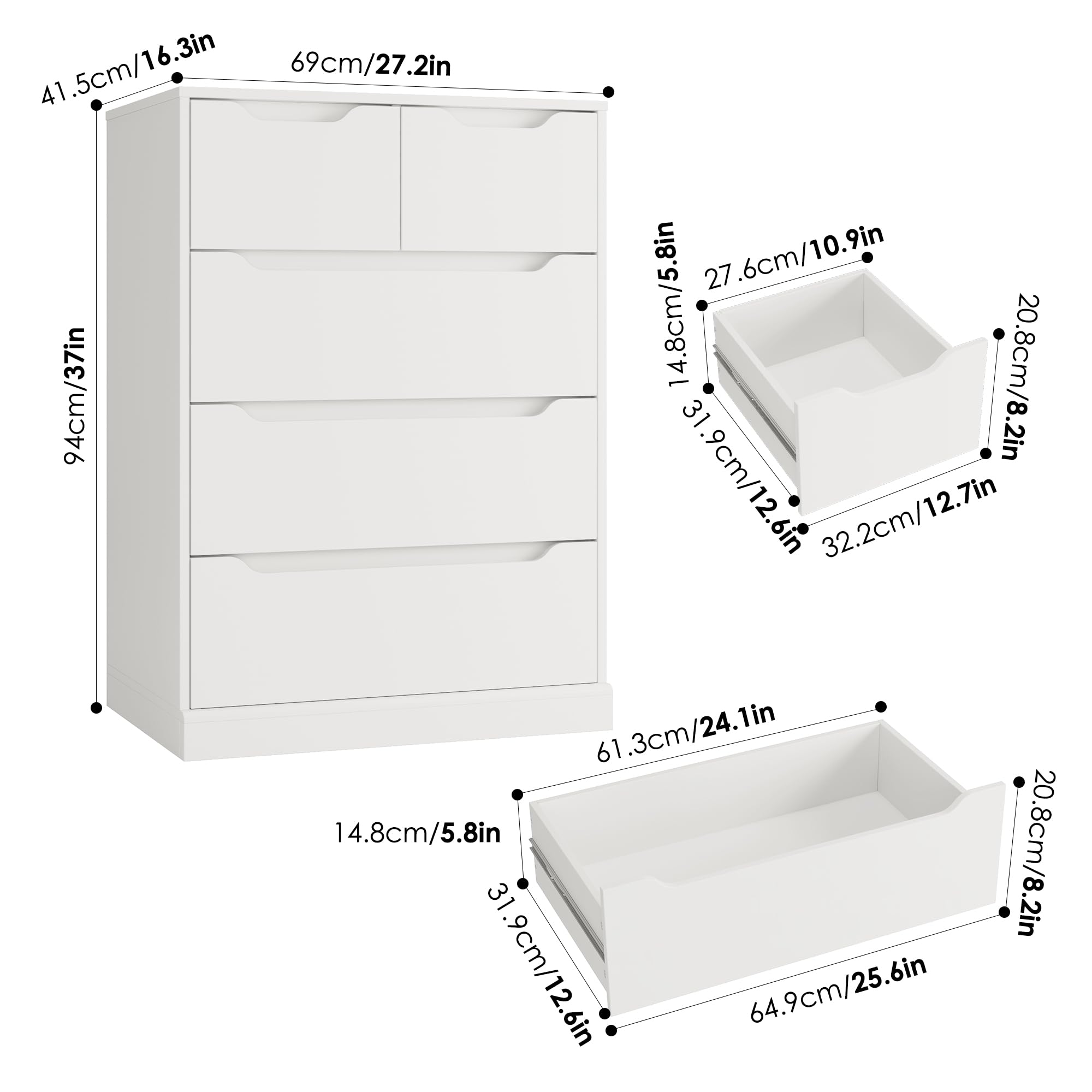 Modern 5-Drawer Dresser for Bedroom & Living Room - White Wood Storage Chest with Cut-Out Handles - Space-Saving Organizer for Clothes, Toys & Home Essentials - Perfect for Bedroom, Entryway, Hallway or Nursery Organization