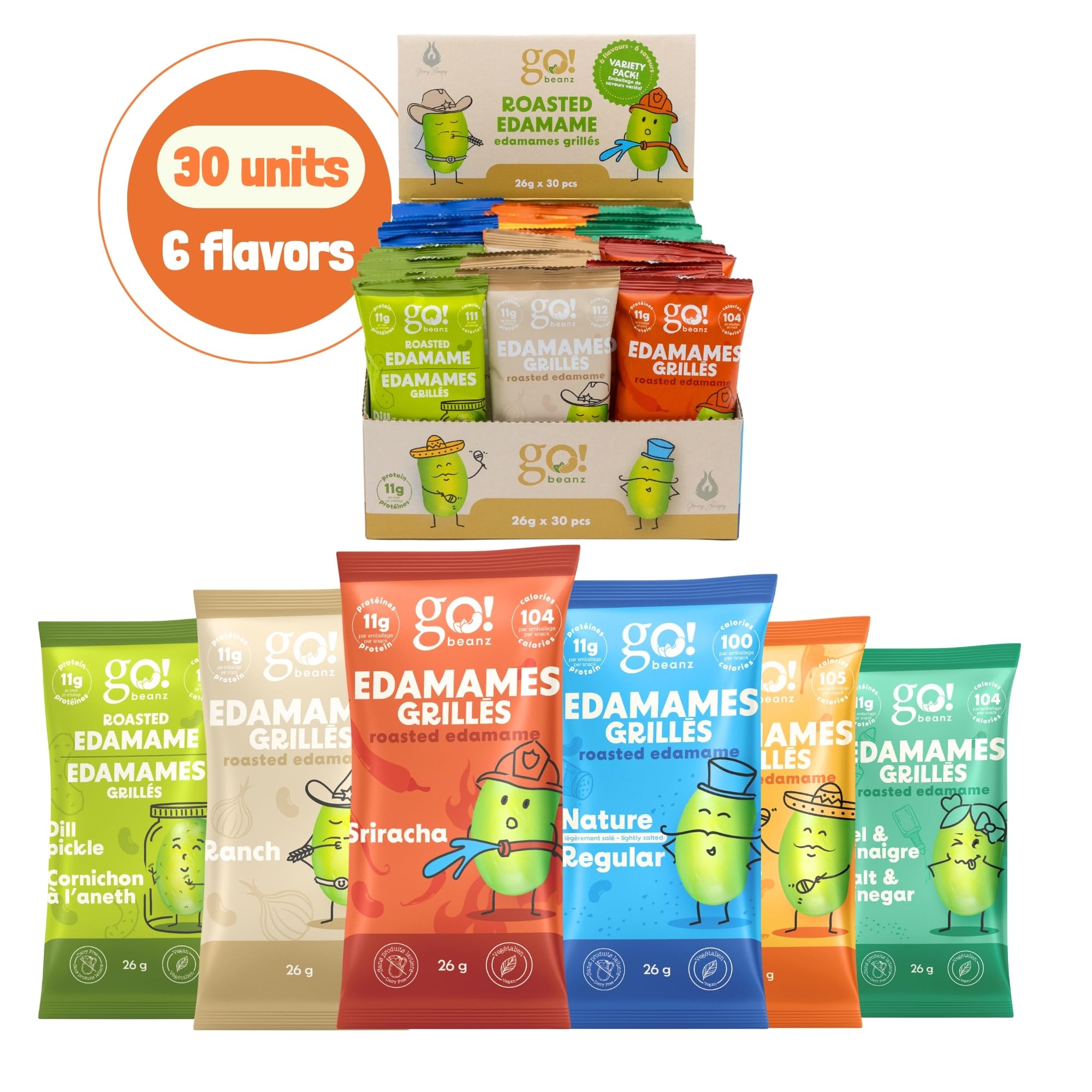 Crunchy Edamame Snacks - Jimmy Sevigny GoBeanz Variety Pack (30 Bags x 26g) | High Protein (11g per Serving), Low Calorie, Low Sugar Healthy Snacks for Adults & Kids | Perfect for On-the-Go, School Lunches, Office Snacks & Post-Workout Fuel