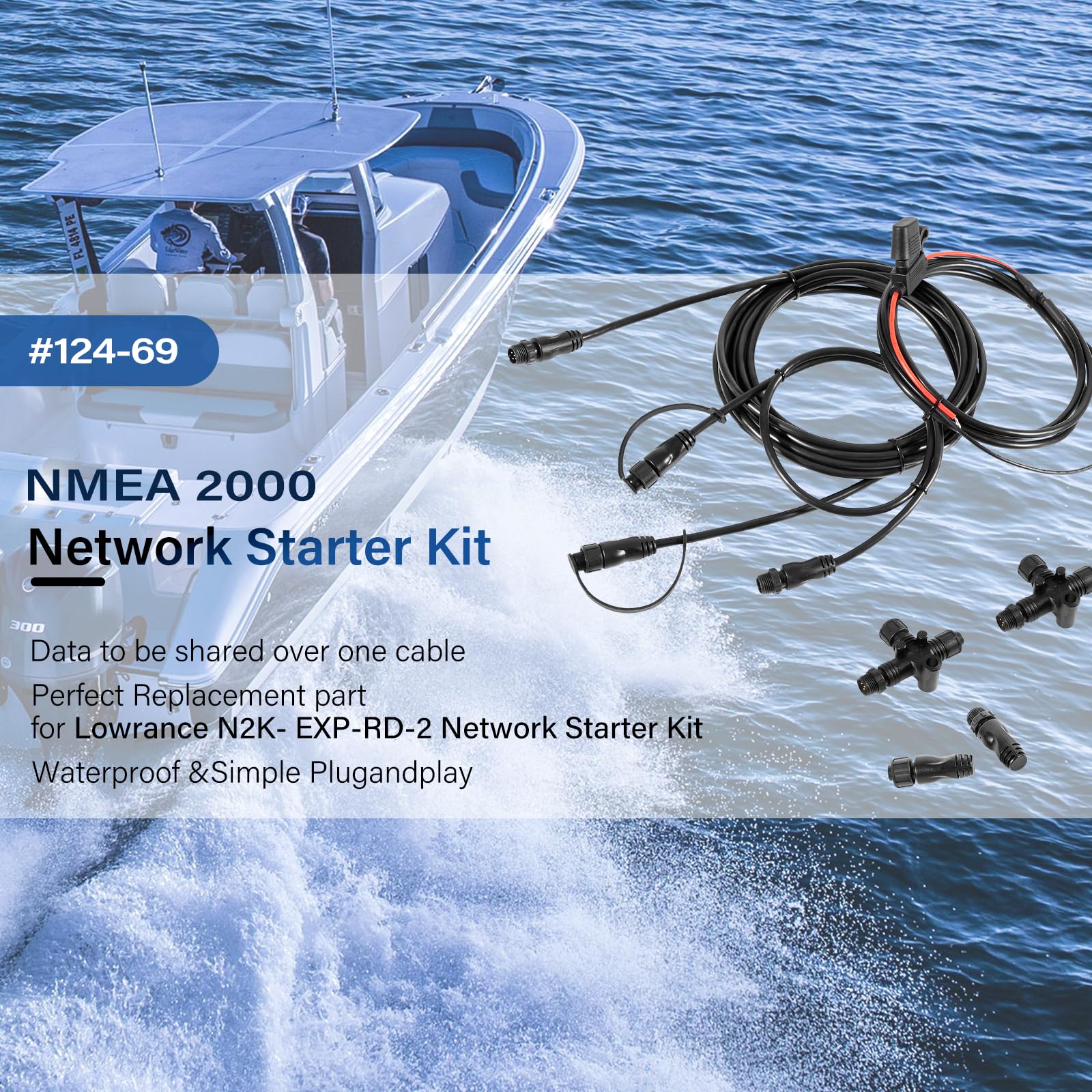 NMEA 2000 Network Starter Kit (7pcs) - NMEA 2000 Replacement Part for Lowrance N2K-EXP-RD-2, Waterproof Plug-and-Play Boat Accessories - Perfect for Marine Electronics Installation and NMEA 2000 Network Expansion