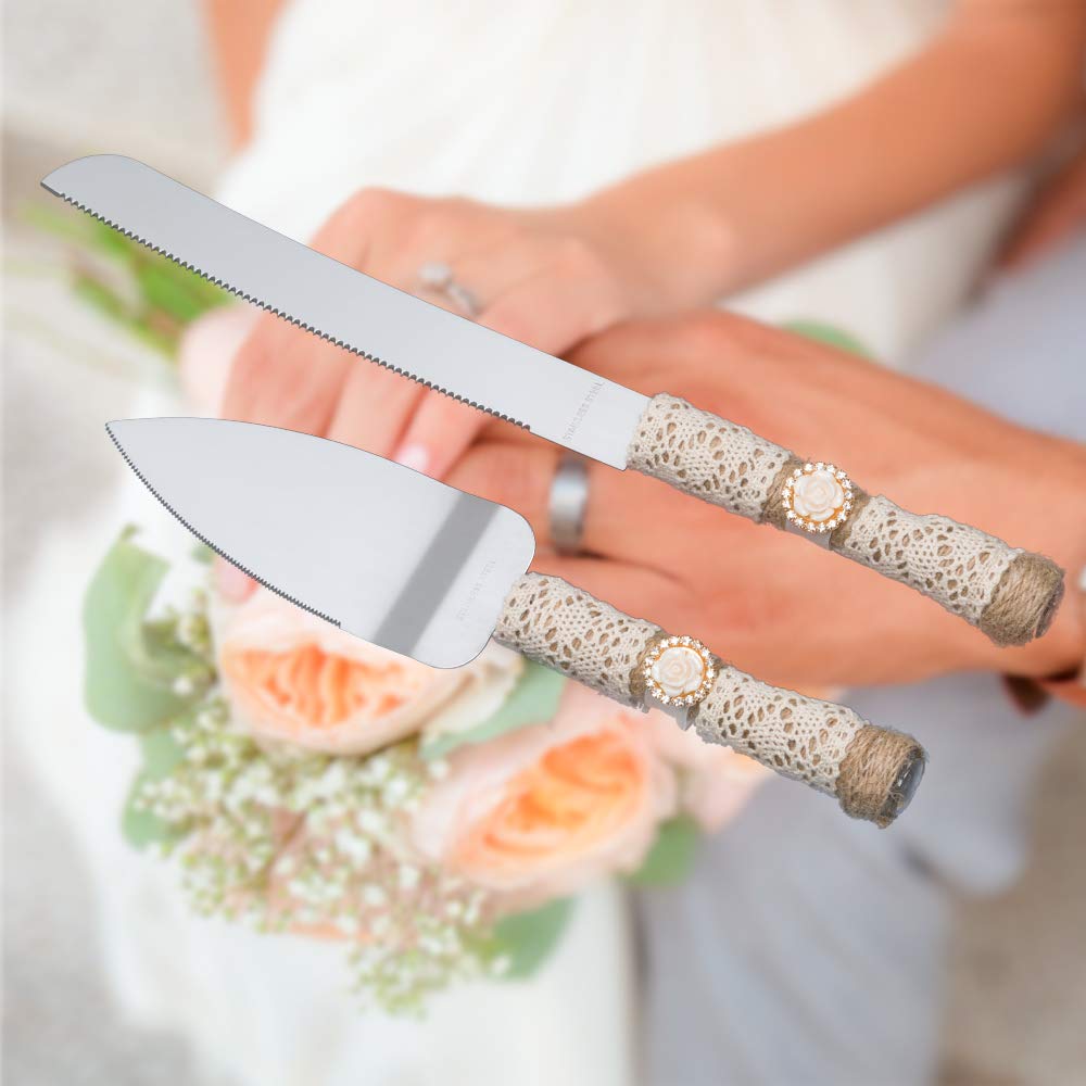 Rustic Wedding Cake Serving Set - Bride & Groom Cake Cutting Utensils with Pizza Pie Knife & Server | Perfect for Wedding Cakes, Anniversary Desserts & Party Pies