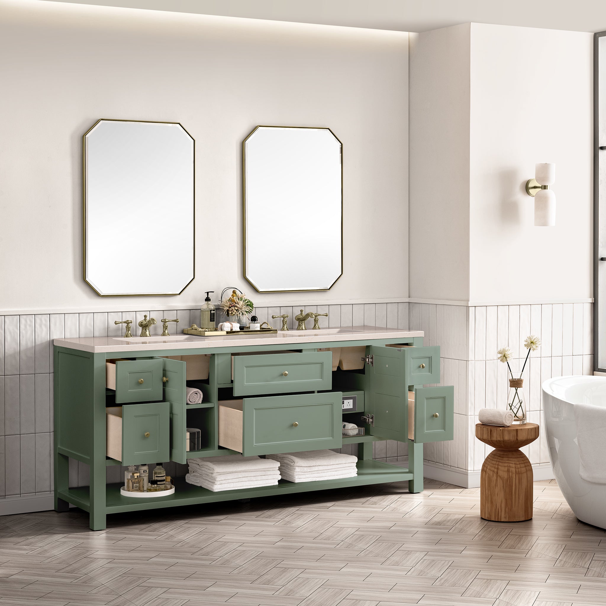 Breckenridge 72-Inch Double Bathroom Vanity with Smokey Celadon Finish & 3CM Eternal Marfil Stone Top - Perfect for Master Bathroom Renovations and Luxury Home Upgrades