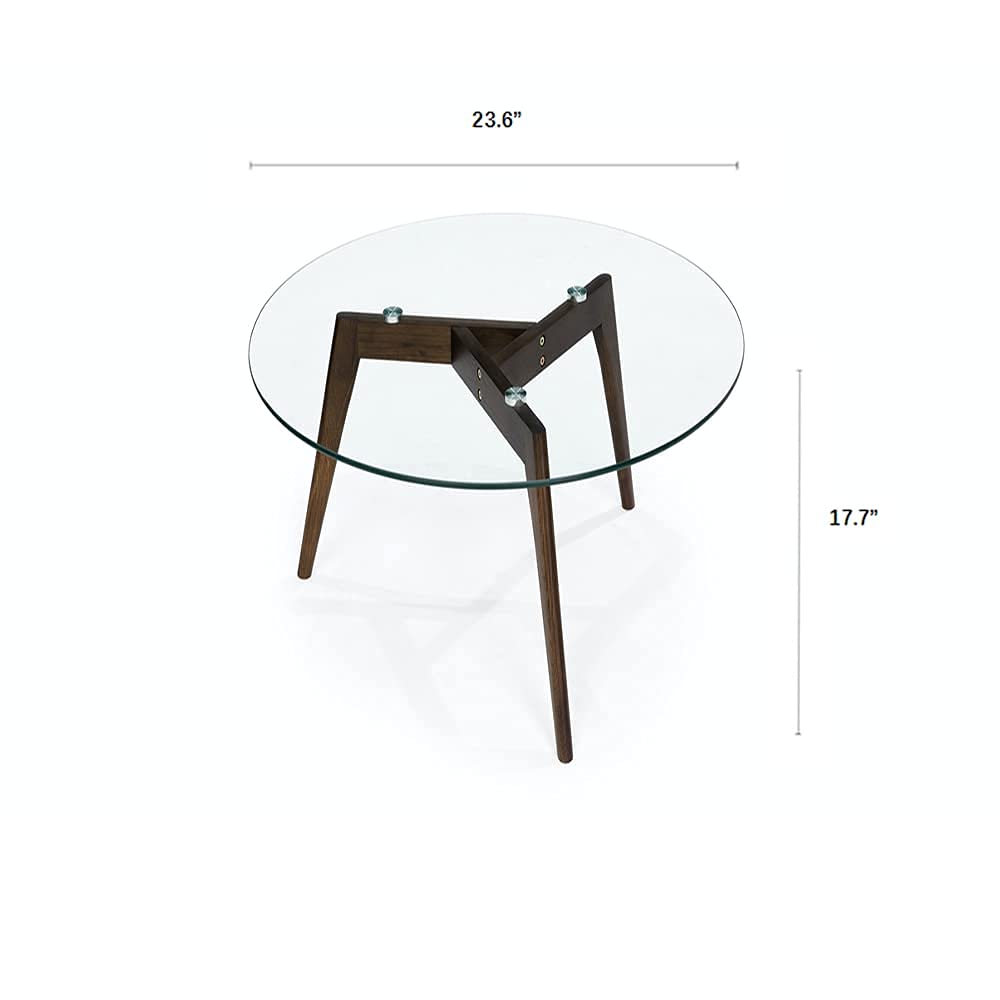Round Tempered Glass End Table - Modern Minimalist Coffee Table with Triskele Walnut Wood Legs (23.6