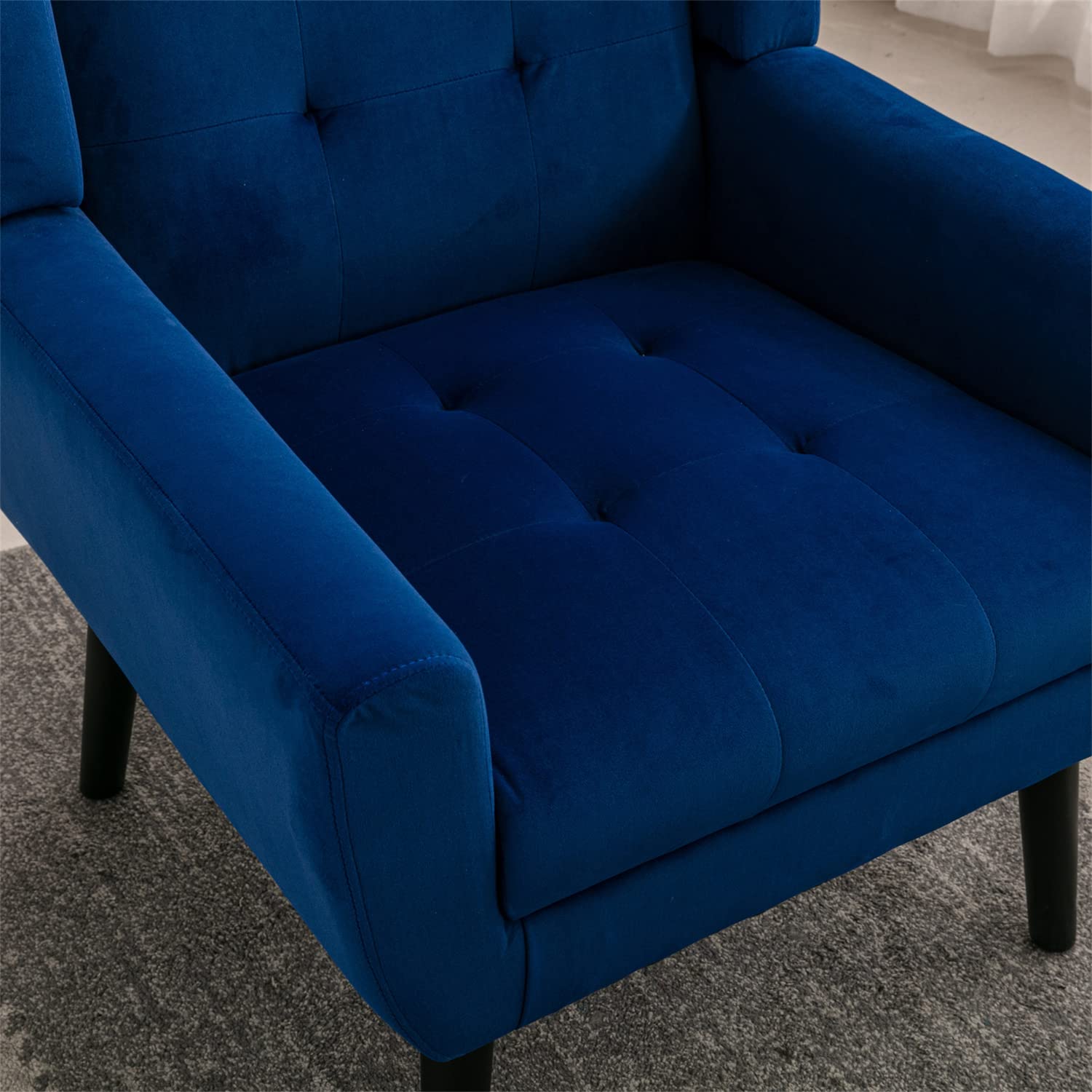 Luxury Velvet Accent Chair - Ergonomic Tufted Upholstered Armchair with Padded Cushions & Solid Wood Legs - Comfortable Single Sofa for Living Room, Bedroom or Office - Perfect Blue Reading Chair for Relaxation & Home Decor