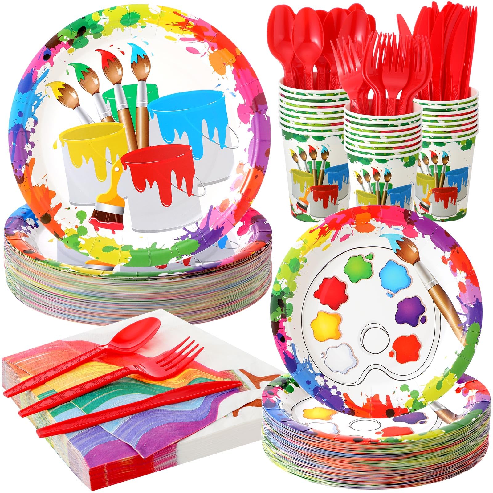 Uiifan 350-Piece Paint Party Decorations Kit - Includes 100 Painting Plates, 50 Napkins, 50 Paper Cups & 150 Plastic Silverware - Disposable Art Birthday Party Supplies for Table Decor | Perfect for Kids' Art Parties, DIY Painting Events & Creative Birthday Celebrations