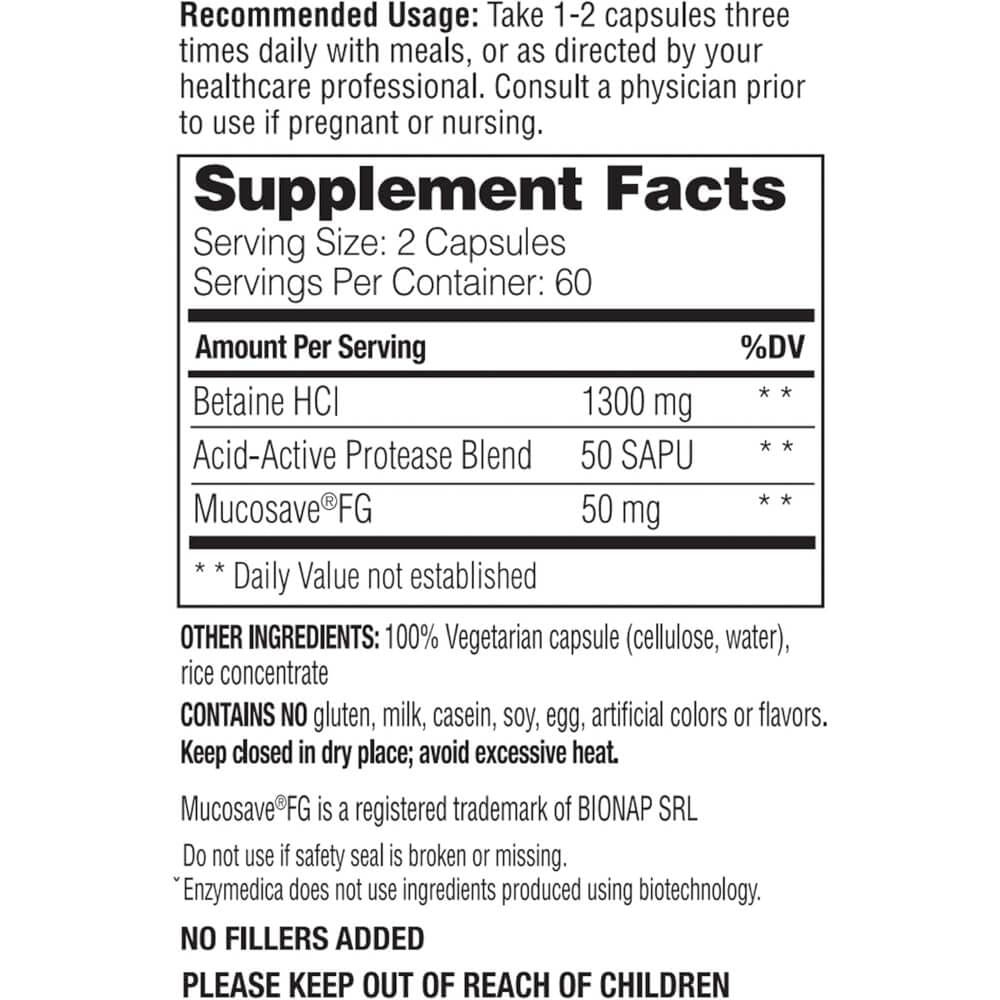 Enzymedica Betaine HCI 600mg Digestive Enzyme Supplement - 60 Capsules for Gut Health & Acid Reflux Relief - Supports Protein Digestion & Nutrient Absorption