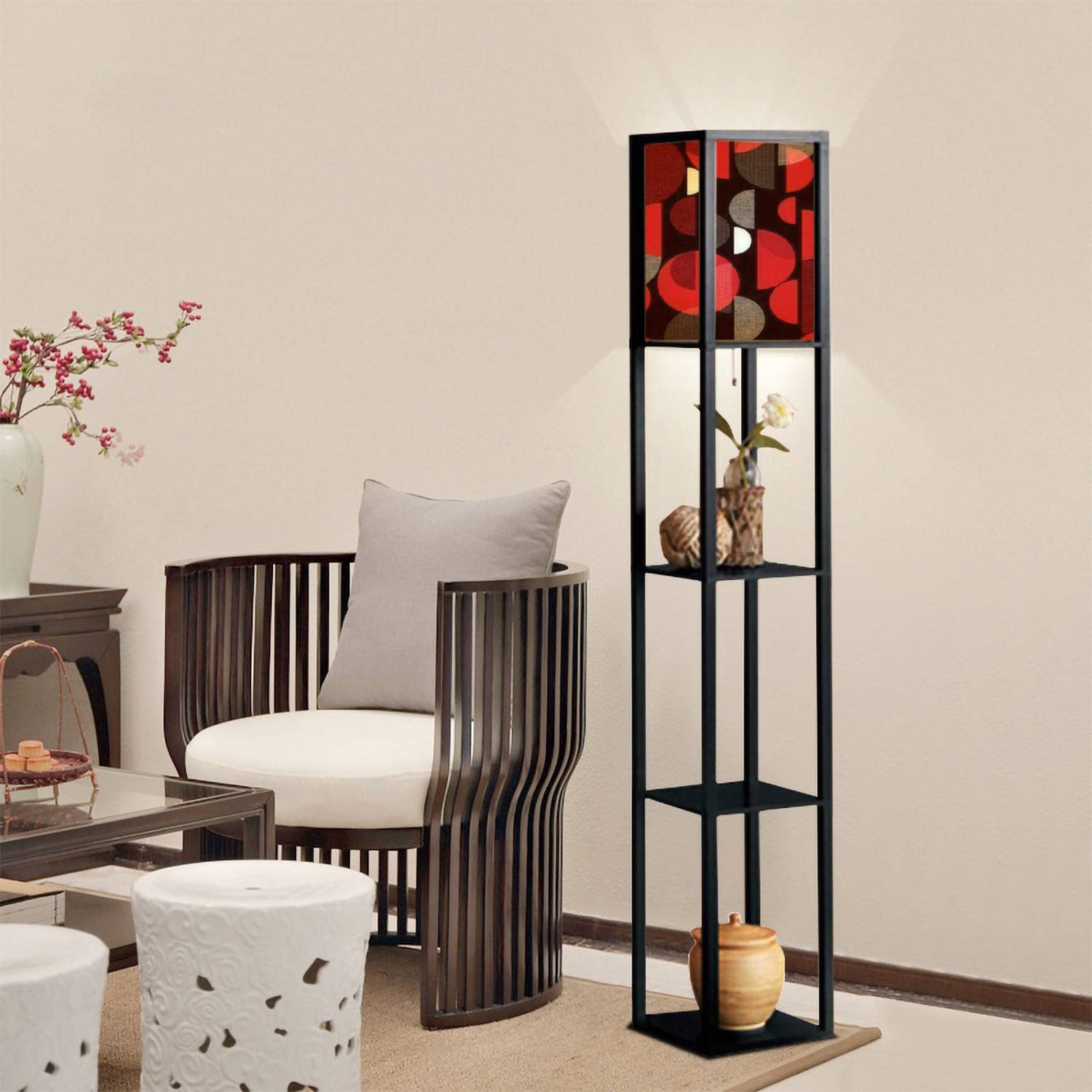 Modern Geometric Standing Lamp with Shelves - Red & Black Vertical Design, Flaxen Fabric Shade - Tall Corner Floor Lamp for Living Room, Bedroom - Perfect for Reading Nook, Home Office Lighting & Aesthetic Decor