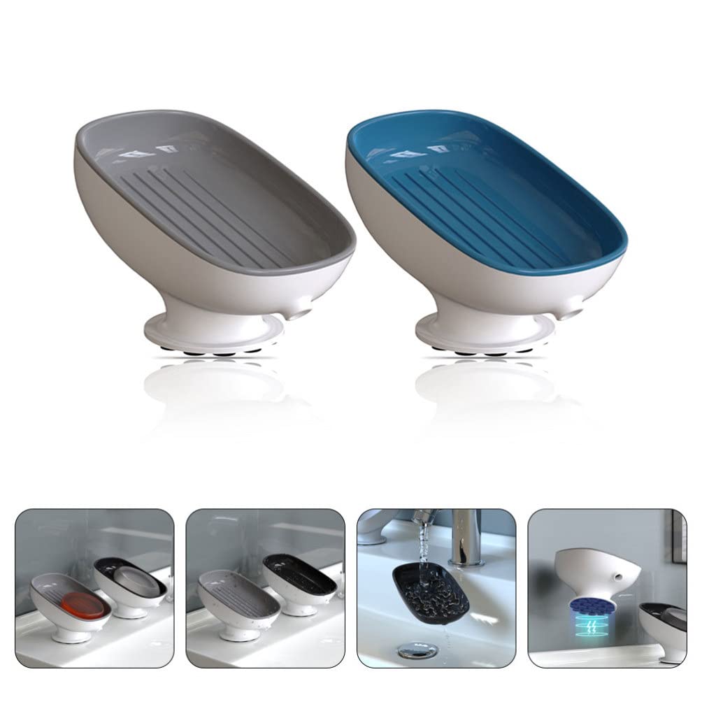 FOMIYES 2-Pack Soap Box Rack with Drain Tray - Self Draining Soap Dish Holder for Bathroom, Kitchen Sink & Shower - HIPS Plastic Soap Organizer for Home Decor (No Punching Required)
