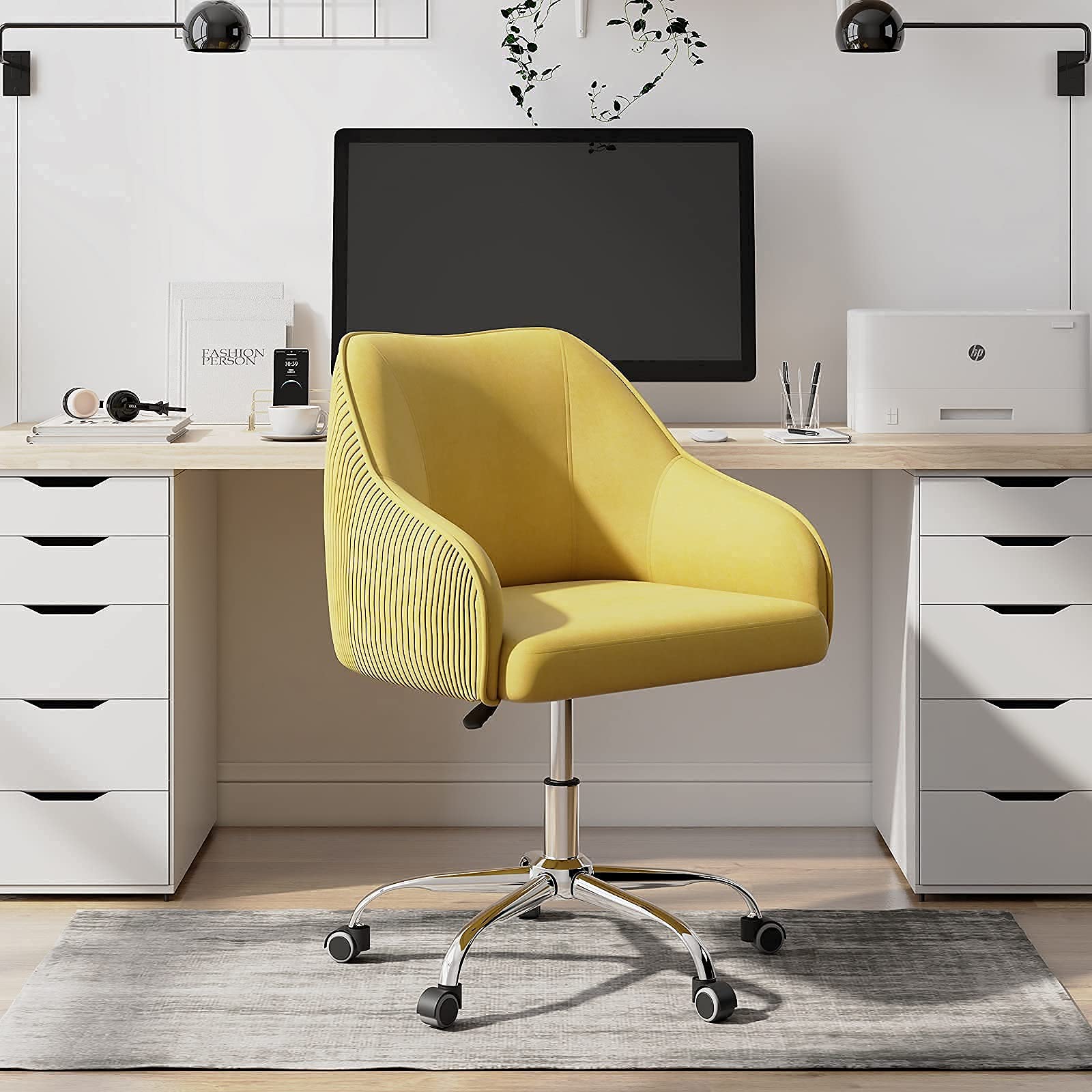 Cute Velvet Swivel Desk Chair with Wheels & Arms - Comfy Home Office Chair for Teen Girls & Kids, Perfect for Study, Makeup Vanity, Bedroom & Living Room