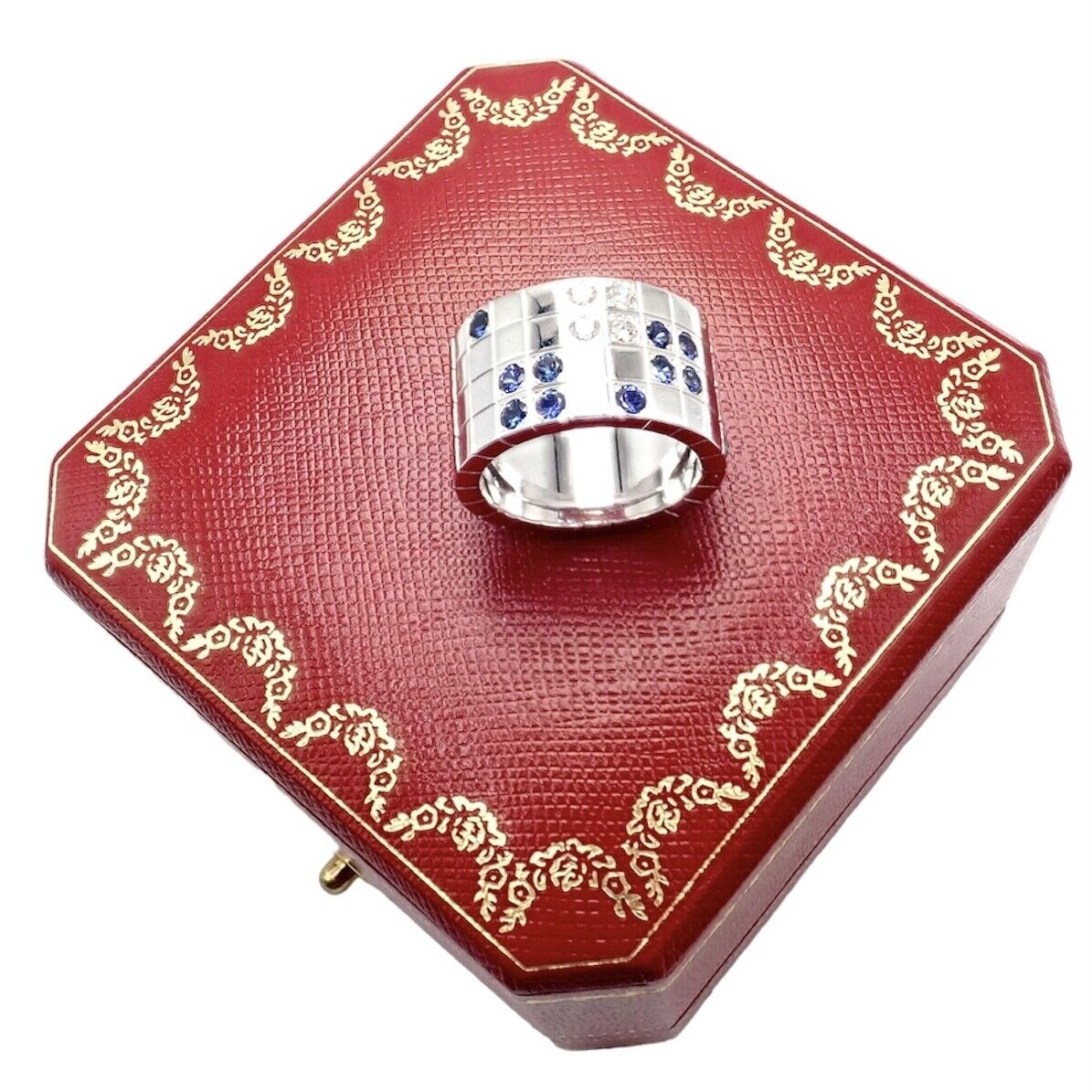 Cartier 18k White Gold Lanieres Diamond & Blue Sapphire Wide Band Ring - Size 6.5 (US 53) - Luxury Wedding Band, Anniversary Gift for Her, Elegant Jewelry for Special Occasions
