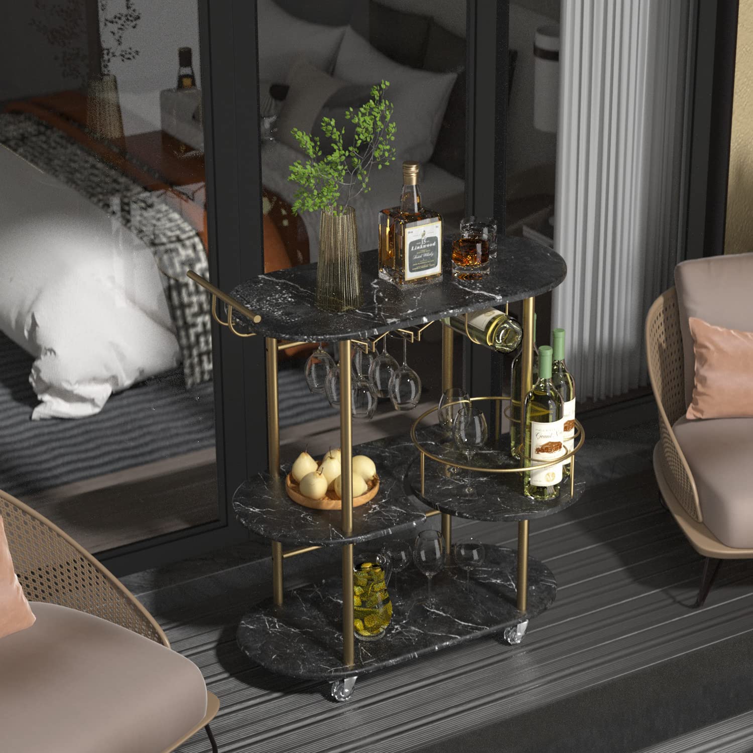 Black Bar Cart with 4-Tier Storage Shelves - Mobile Serving Cart with Wine Rack & Glass Holder - Perfect for Home, Kitchen, Living Room & Dining Room - Ideal for Cocktail Parties, Wine Tasting & Home Entertaining