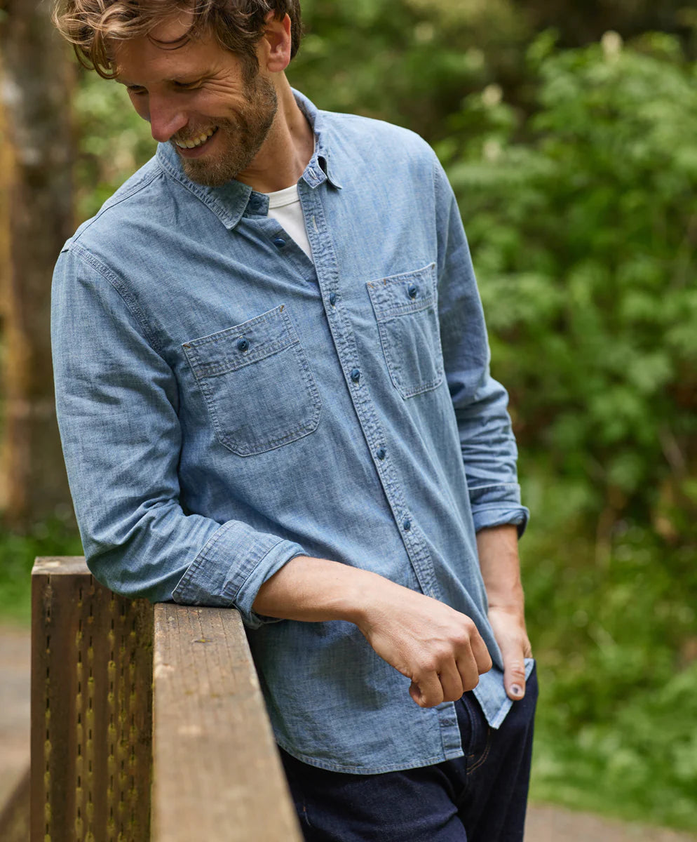 Men's Chambray Utility Shirt - Casual Button Down Work Shirt with Chest Pockets | Perfect for Outdoor Activities, Workwear & Everyday Style