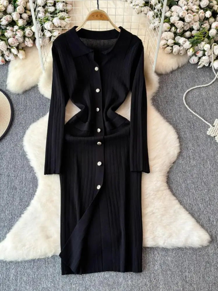 Autumn 2024 Women's Solid Color Single Breasted Knit Long Dress - French Elegant Office Wear Long Sleeve Dress for Work & Formal Occasions