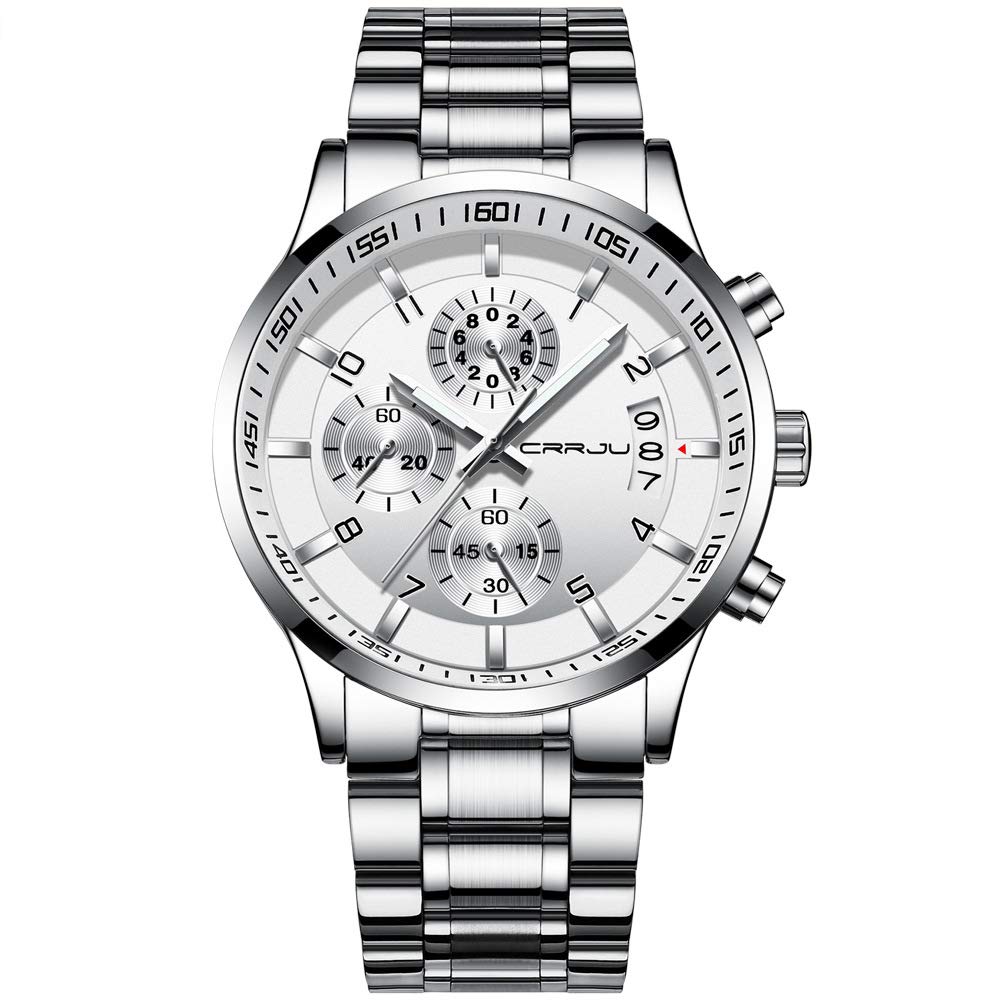 CRRJU Men's Stainless Steel Waterproof Watch - Date Chronograph for Outdoor & Business