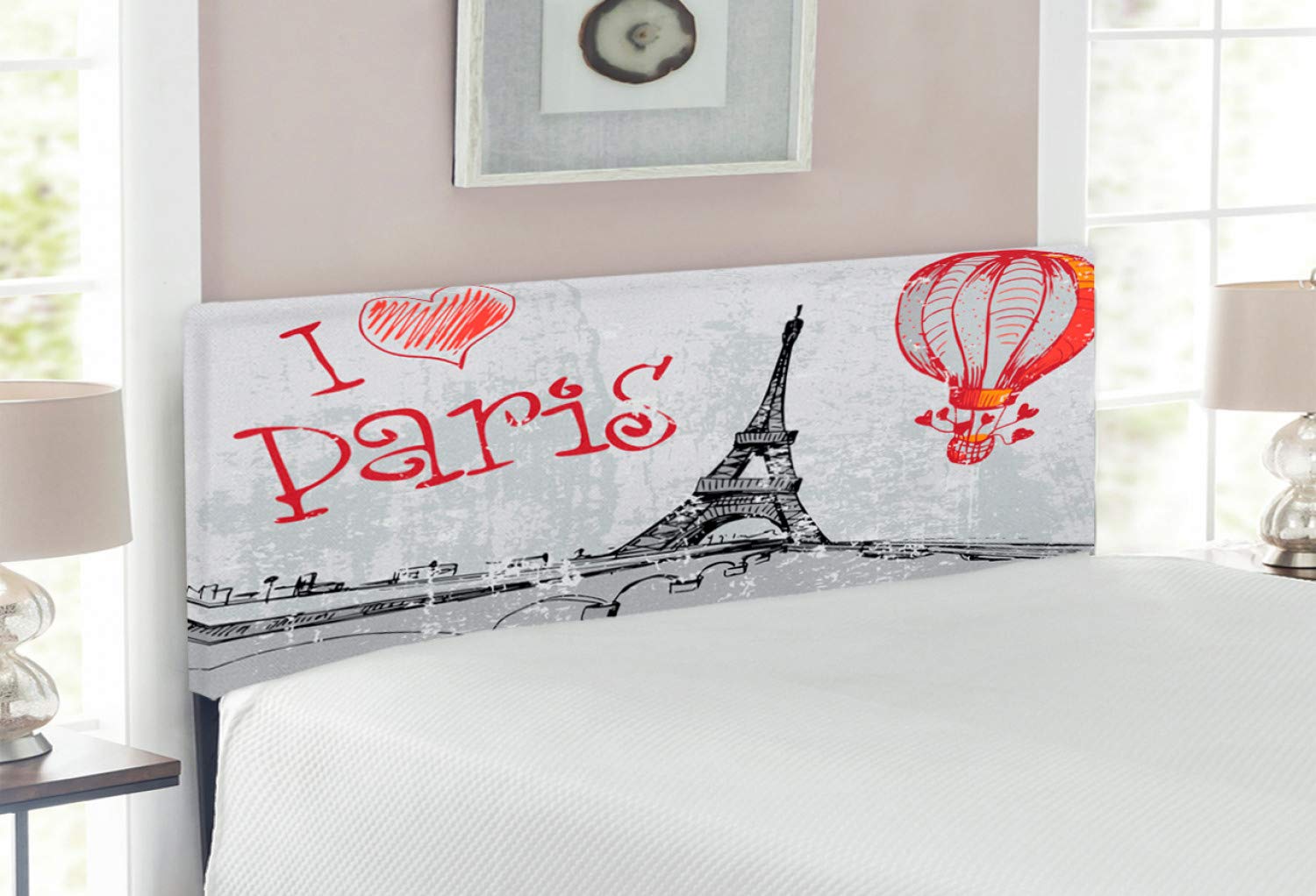 Ambesonne Paris Romance Hot Air Balloon Heart Print Upholstered Headboard - Full Size Metal Bed Frame with Memory Foam in Red, Black & Grey - Perfect for Romantic Bedroom Decor & Couples Retreat