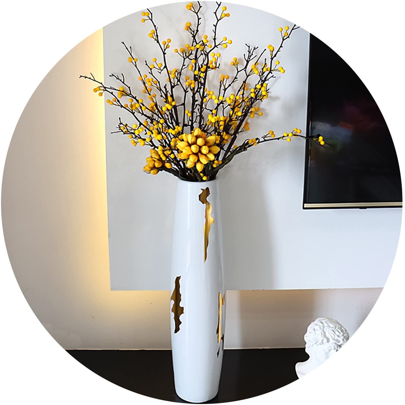 Elegant White Gold-Plated Ceramic Floor Vase - European Style Large Flower Vase for Home Decor - Perfect for Living Room, Porch, Mantel - Black 70x14x12cm - Ideal for Floral Arrangements & Interior Design