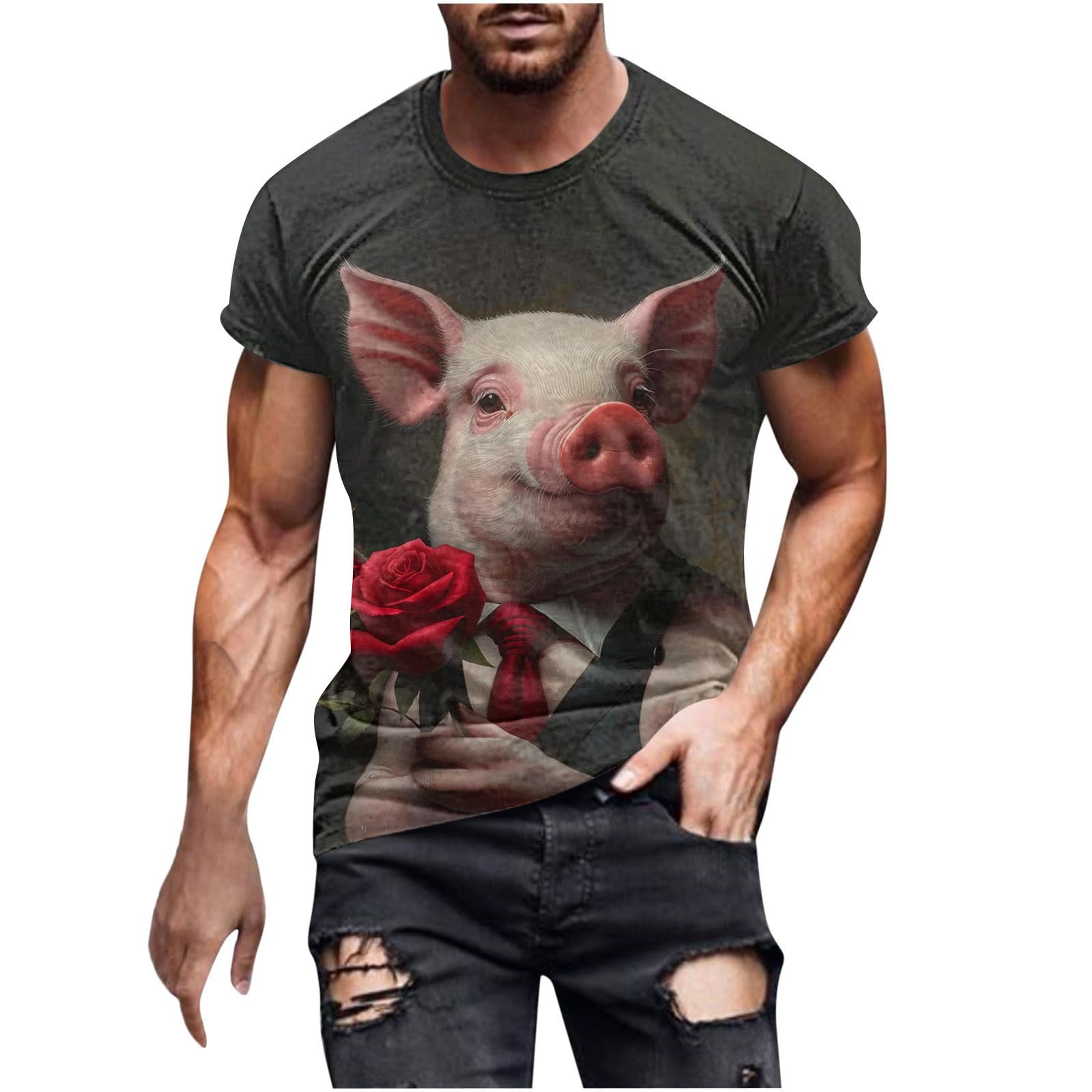 Funny Pig Graphic T-Shirts for Men - 2024 Short Sleeve Novelty Tees - Summer Casual Cotton Shirts - Perfect for Beach, BBQ & Weekend Outings