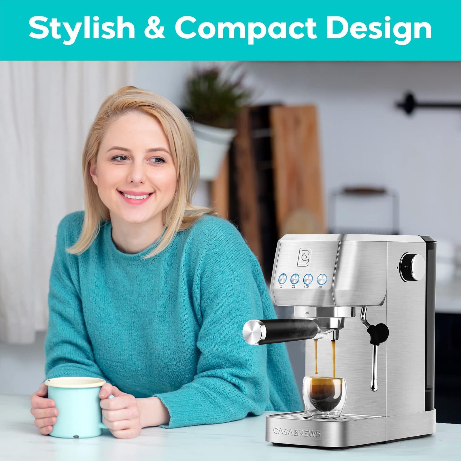 CASABREWS 20 Bar Espresso Machine - Professional Coffee Maker for Cappuccino & Latte with Steam Wand, Compact Design with 1.3L Removable Water Tank, Stainless Steel - Perfect for Home, Office & Coffee Shops