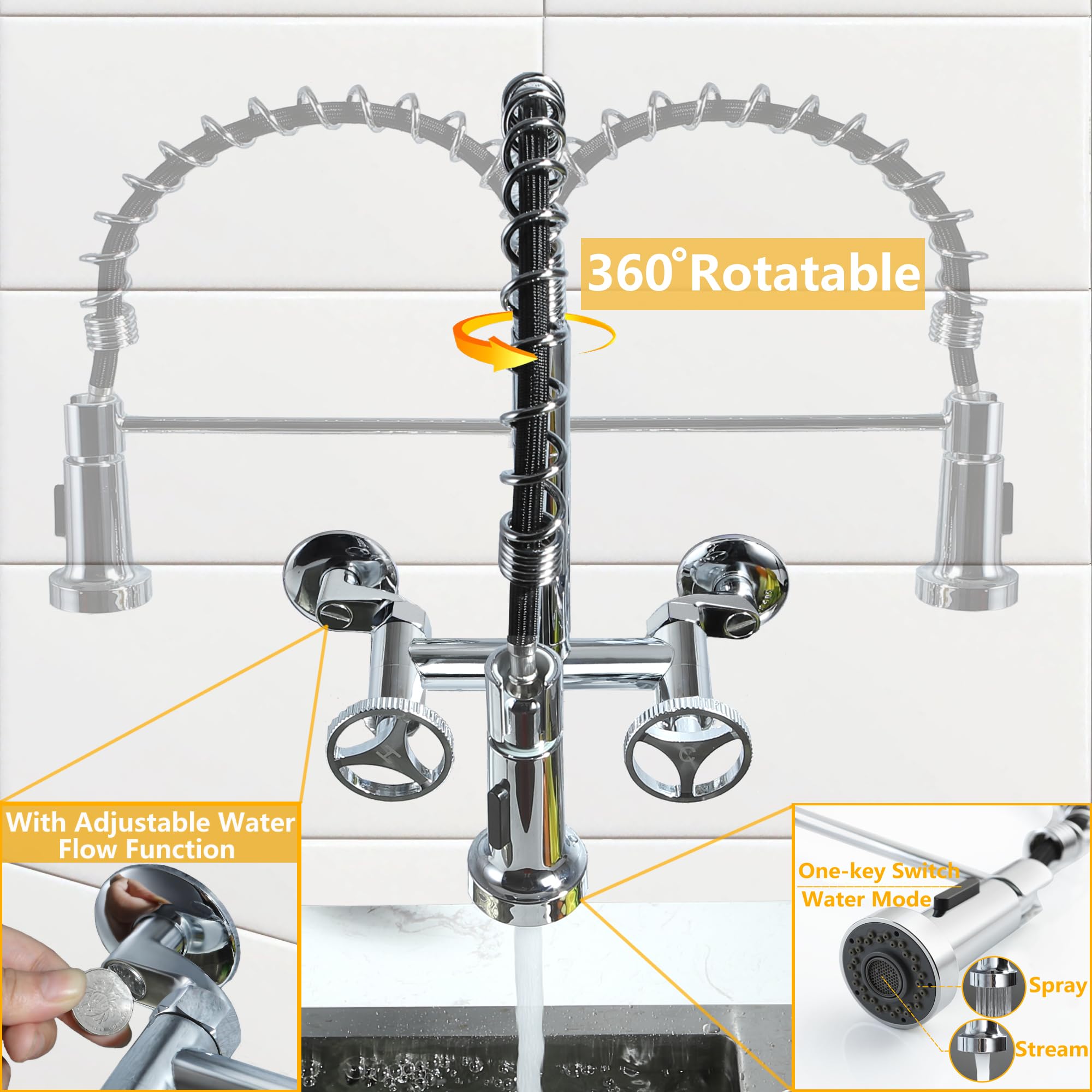 8 Inch Wall Mount Commercial Kitchen Faucet with Pull Down Sprayer - 360° Swivel Polished Chrome Sink Faucet for Restaurant, Food Truck & Home Kitchen Use
