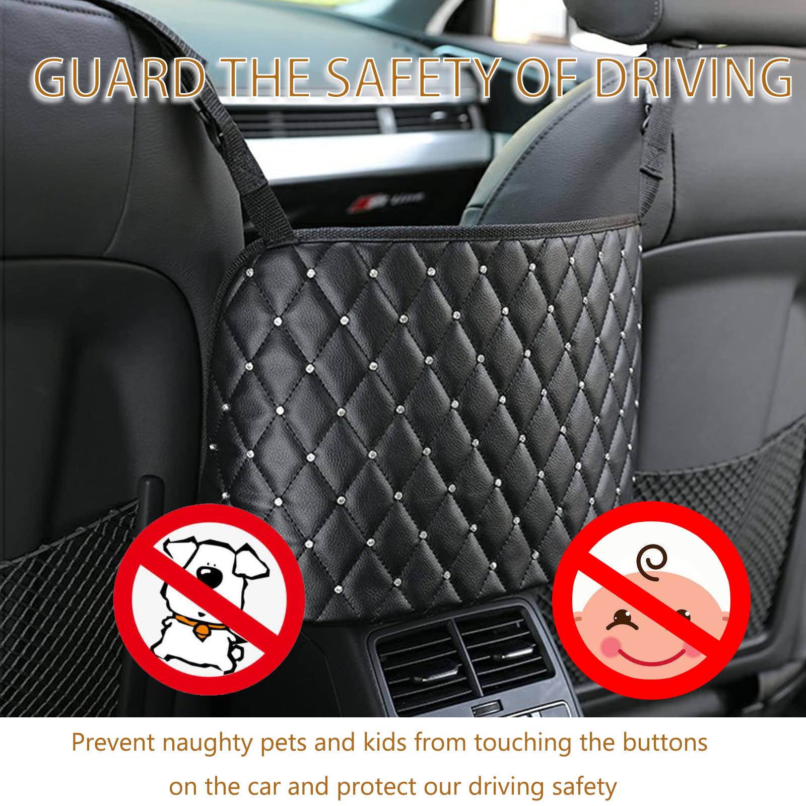 Diamond Car Net Pocket Handbag Holder - Bling Driver Storage Netting Pouch for Front Seat Organizer | Backseat Pet & Kids Barrier | Car Purse Storage Organizer (Black with Rhinestones) - Perfect for Road Trips, Daily Commutes & Keeping Your Vehicle Tidy