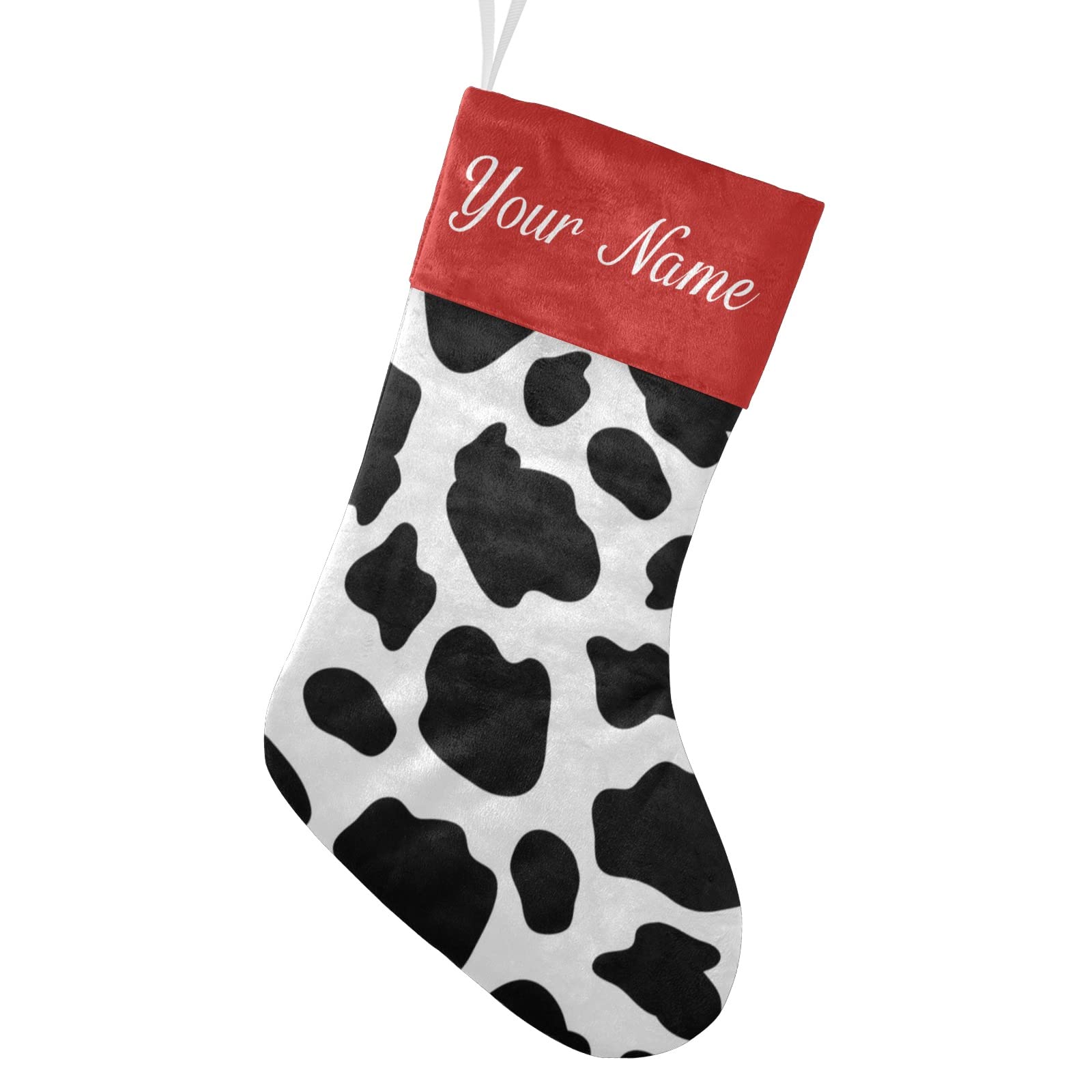 Personalized Cow Print Christmas Stockings - Black & White Custom Name Holiday Stocking Socks for Family, Party & Home Decor (17.52 x 7.87 Inch) - Perfect for Fireplace Mantel, Gift Exchange & Festive Holiday Celebrations