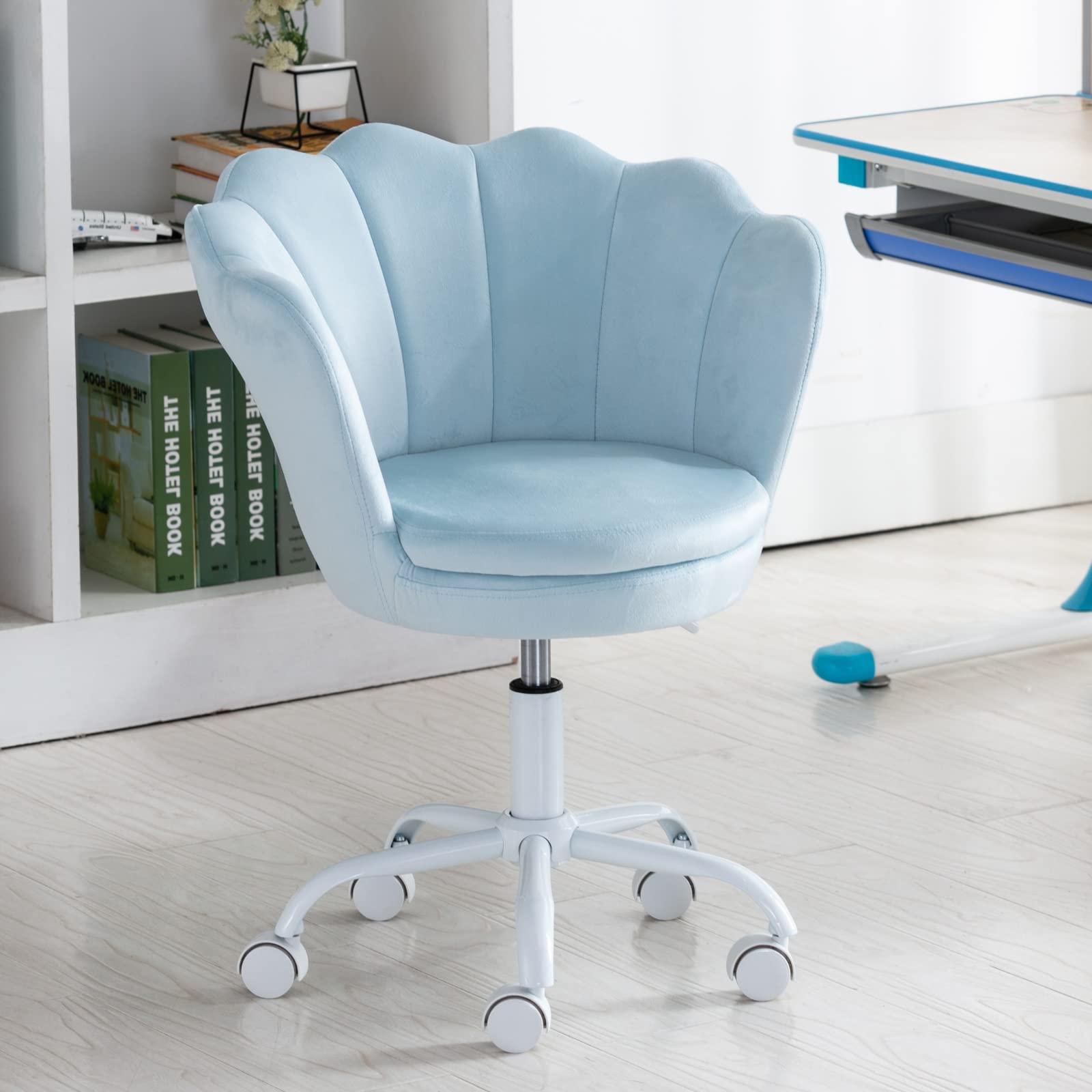 Adjustable Velvet Swivel Kids Desk Chair - Light Blue Task Chair for Girls, Study Room, Bedroom & Vanity | Ergonomic Computer Chair for Children's Homework, Gaming & Makeup