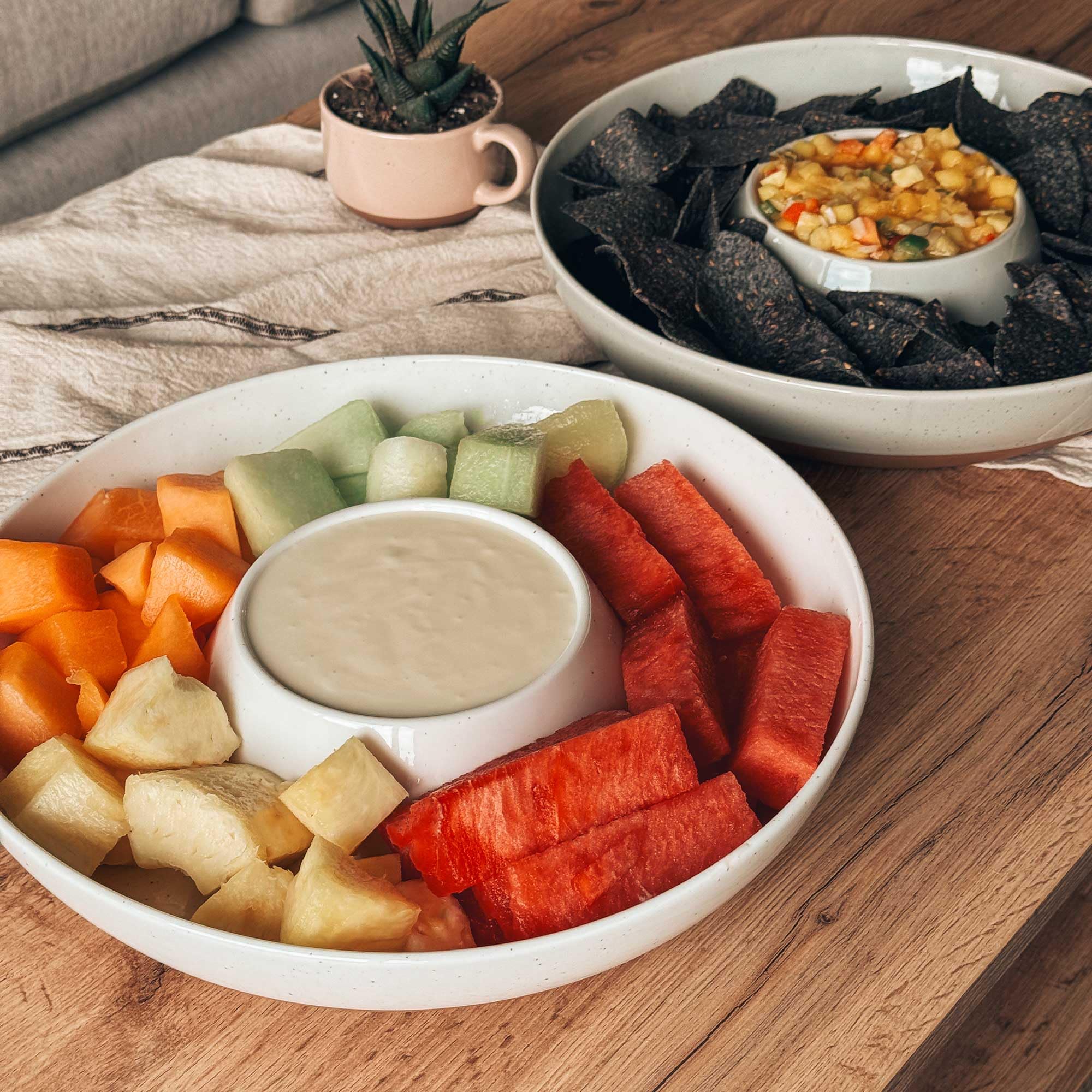 Mora Ceramic Chips and Dip Serving Tray Set - Large Divided Party Bowl for Chips & Salsa, Veggies & Dip, Fruit, Snacks - Minimalist White Serving Platter for Entertaining, Hosting, Parties, Potlucks & Game Nights