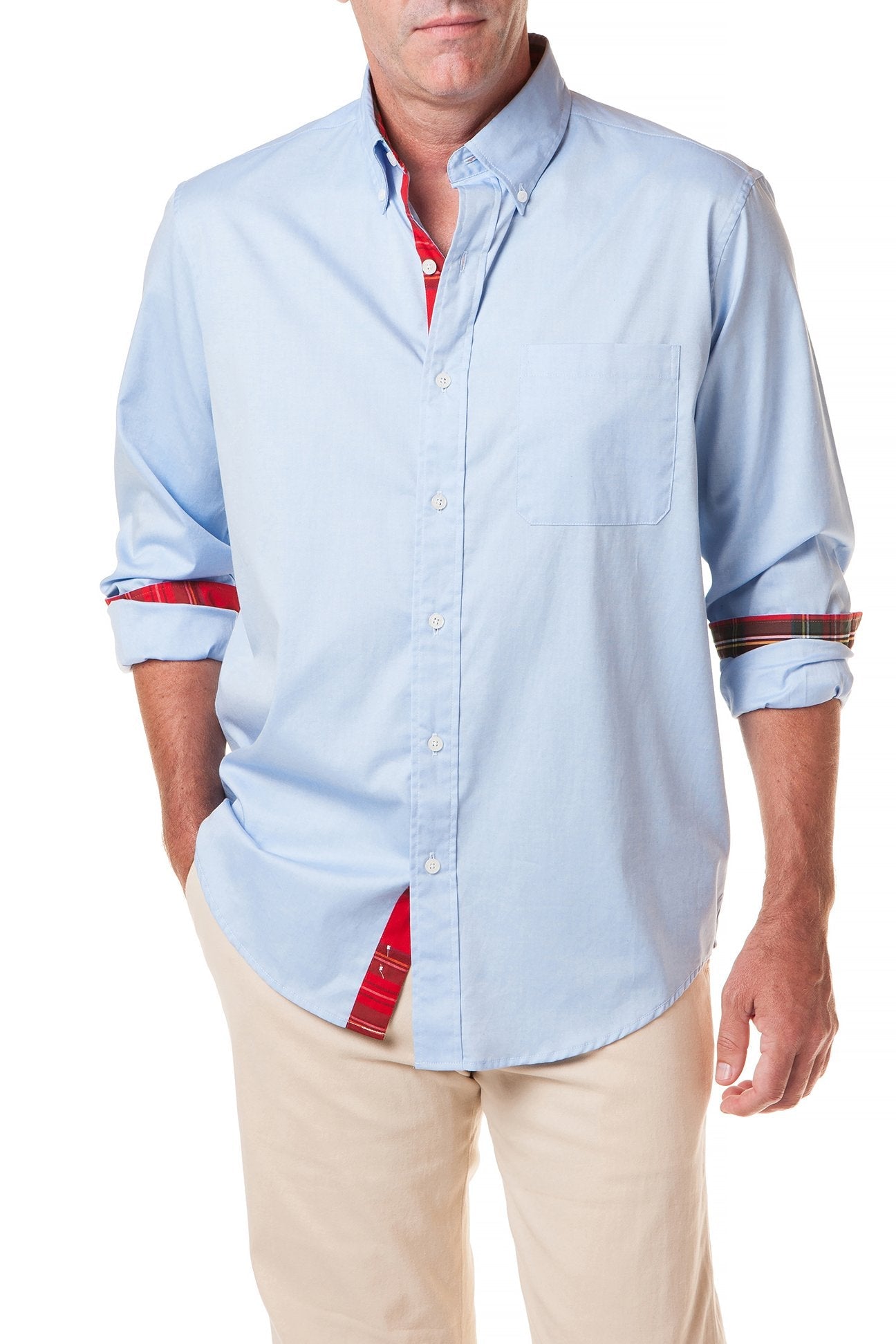 Royal Stewart Tartan Trim Blue Oxford Chase Shirt - Classic Men's Dress Shirt for Business, Office & Formal Occasions