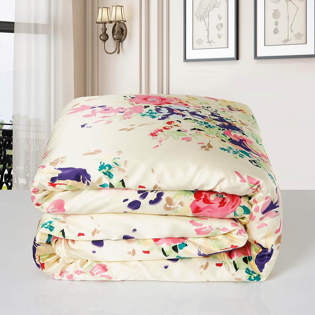 Maxfeel 100% Mulberry Silk Duvet Cover Set - Queen/King/Cal King Size Floral Print Charmuse Silk Bedding | Luxury Soft Comforter Cover for Master Bedroom, Guest Room & Hotel Use