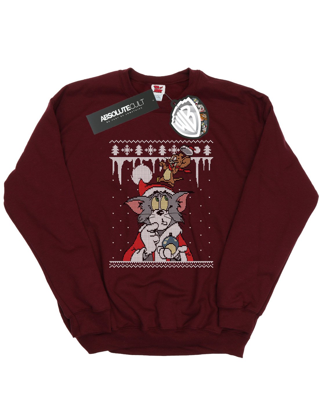 Tom and Jerry Christmas Fair Isle Sweatshirt for Men - XX-Large Burgundy Red - Cozy Holiday Pullover for Christmas Parties, Family Gatherings & Winter Outfits