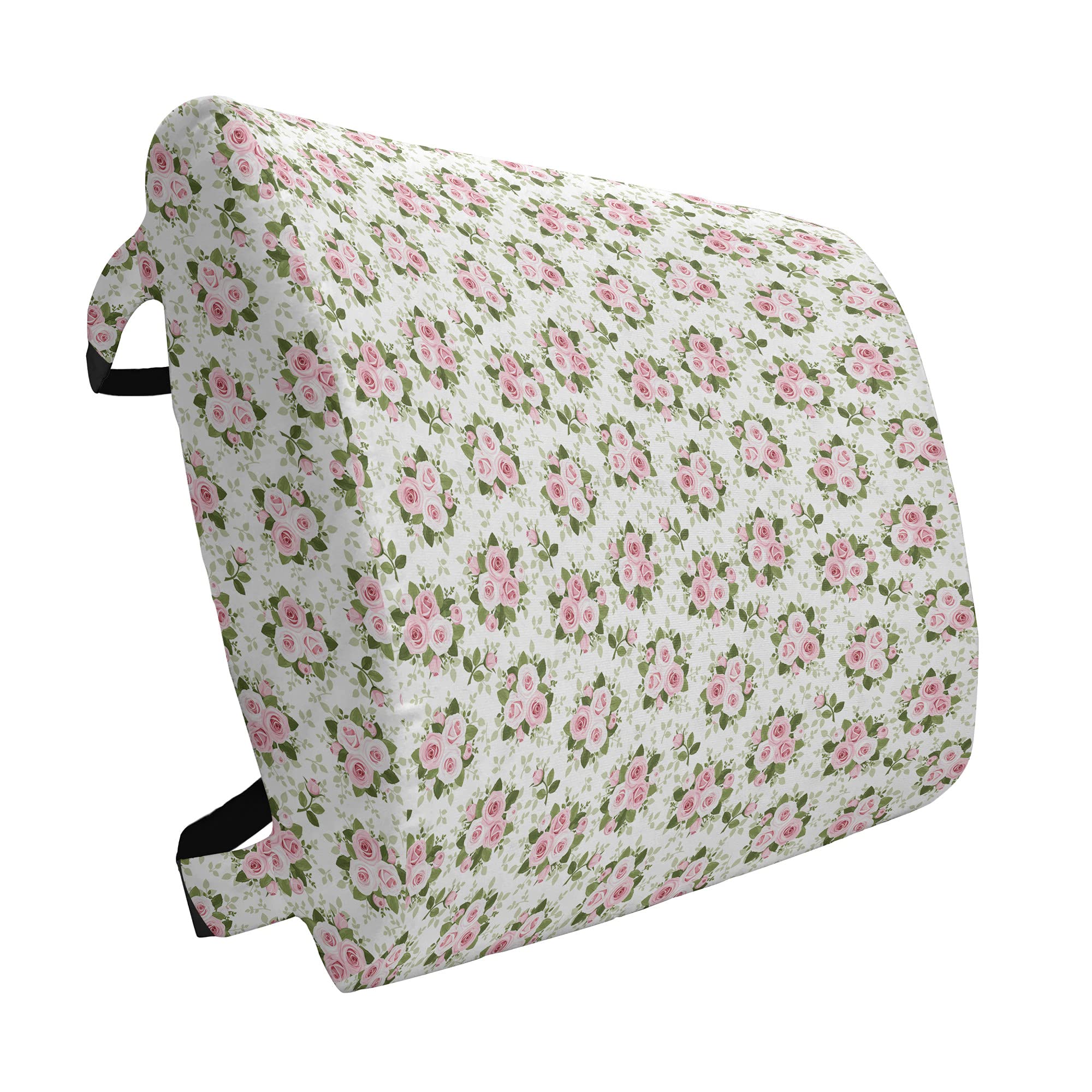 Lunarable Rose Lumbar Support Pillow - Pink Roses Bouquet Design, High Density Foam for Office Chair & Car Seat, 14x13 Inches, Pale Pink White Green - Perfect for Home Office, Work, Travel & Back Pain Relief