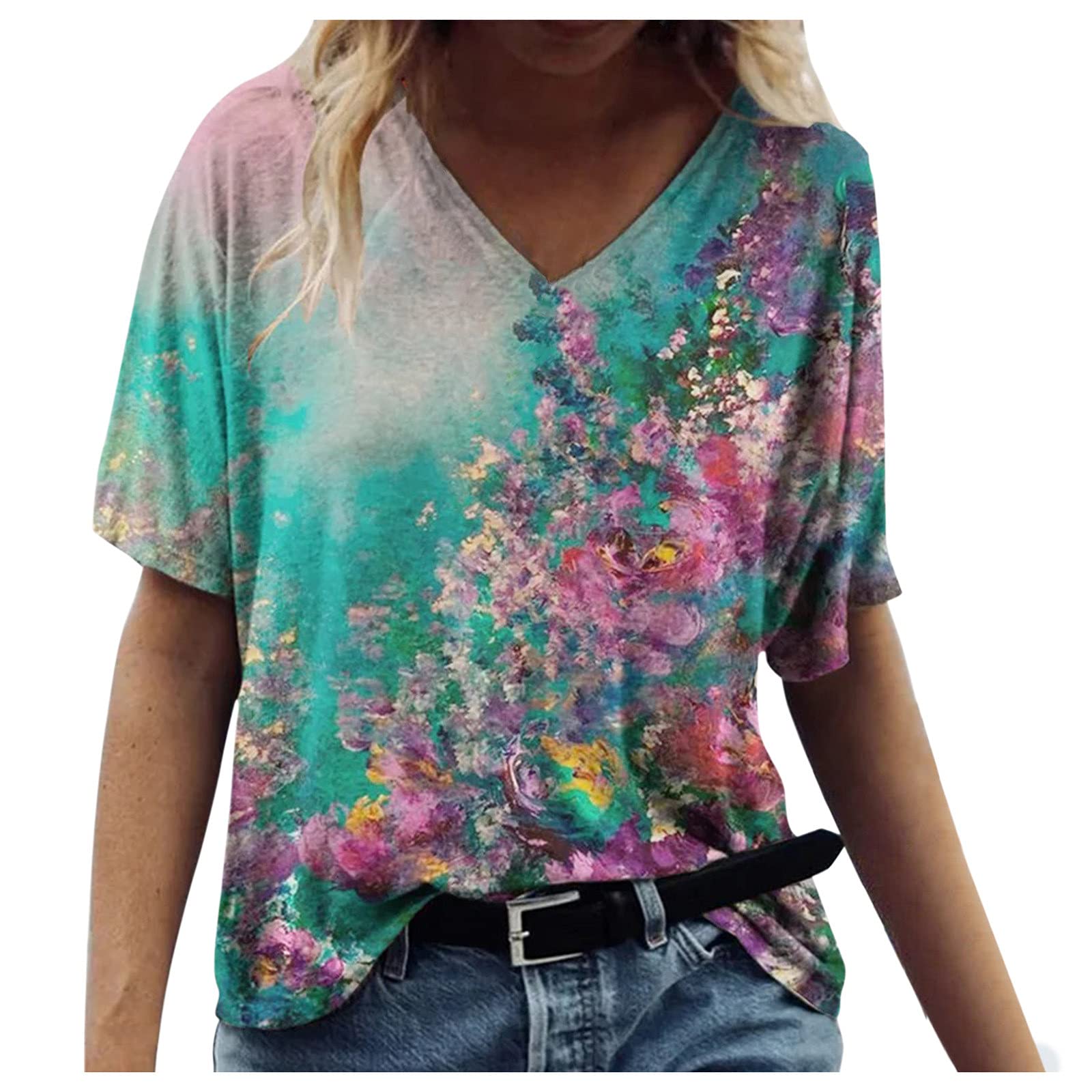 Plus Size Women's Crewneck Floral Print Short Sleeve Tunic Top - Casual Loose Fit Blouse for Work, Office & Workout | Flowy Summer Tops for Curvy Women
