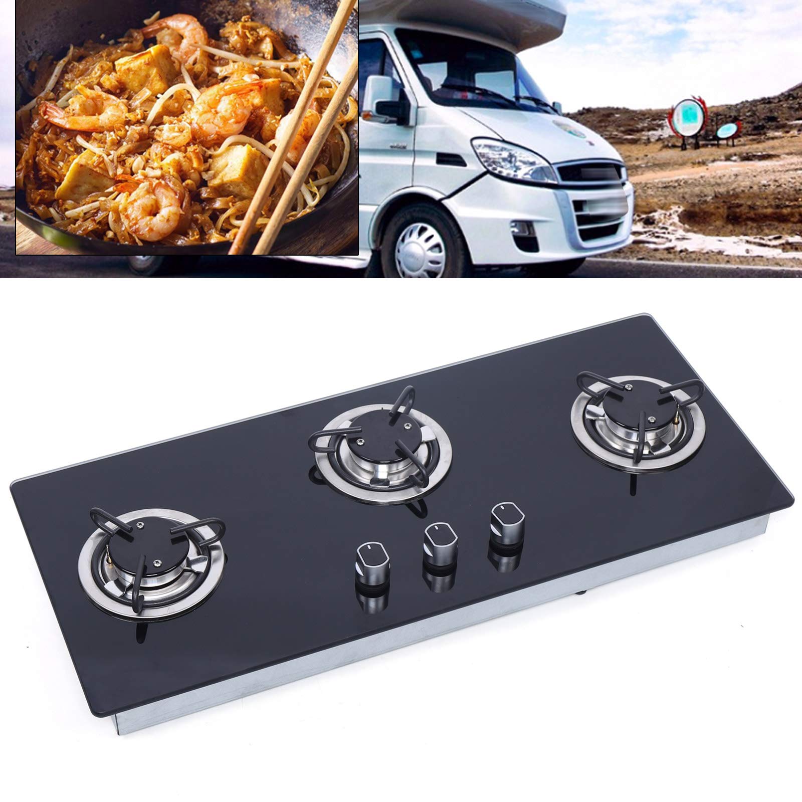 3 Burner LPG Gas Stove Hob - Black Tempered Glass RV Stove with 3D Air Intake Structure & Knob Control for RV, Boat, Caravan, Camper (Square) | Perfect for Outdoor Cooking, Camping Trips & Mobile Living