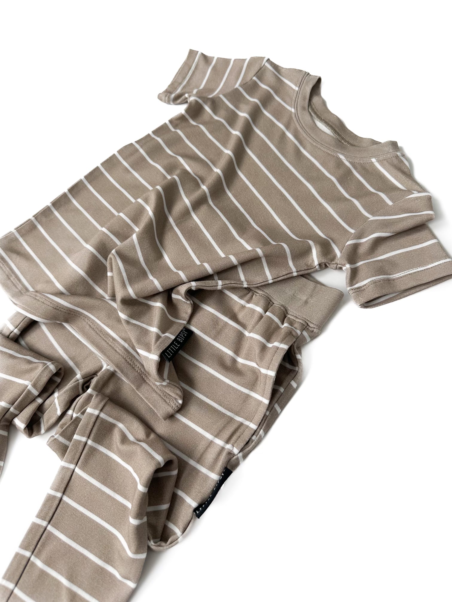 LB x Baby Breez Short Sleeve Pinstripe 2-Piece Pajama Set - Khaki Green & White Striped Cotton PJs for Boys & Girls - Cozy Sleepwear for Bedtime & Lounging