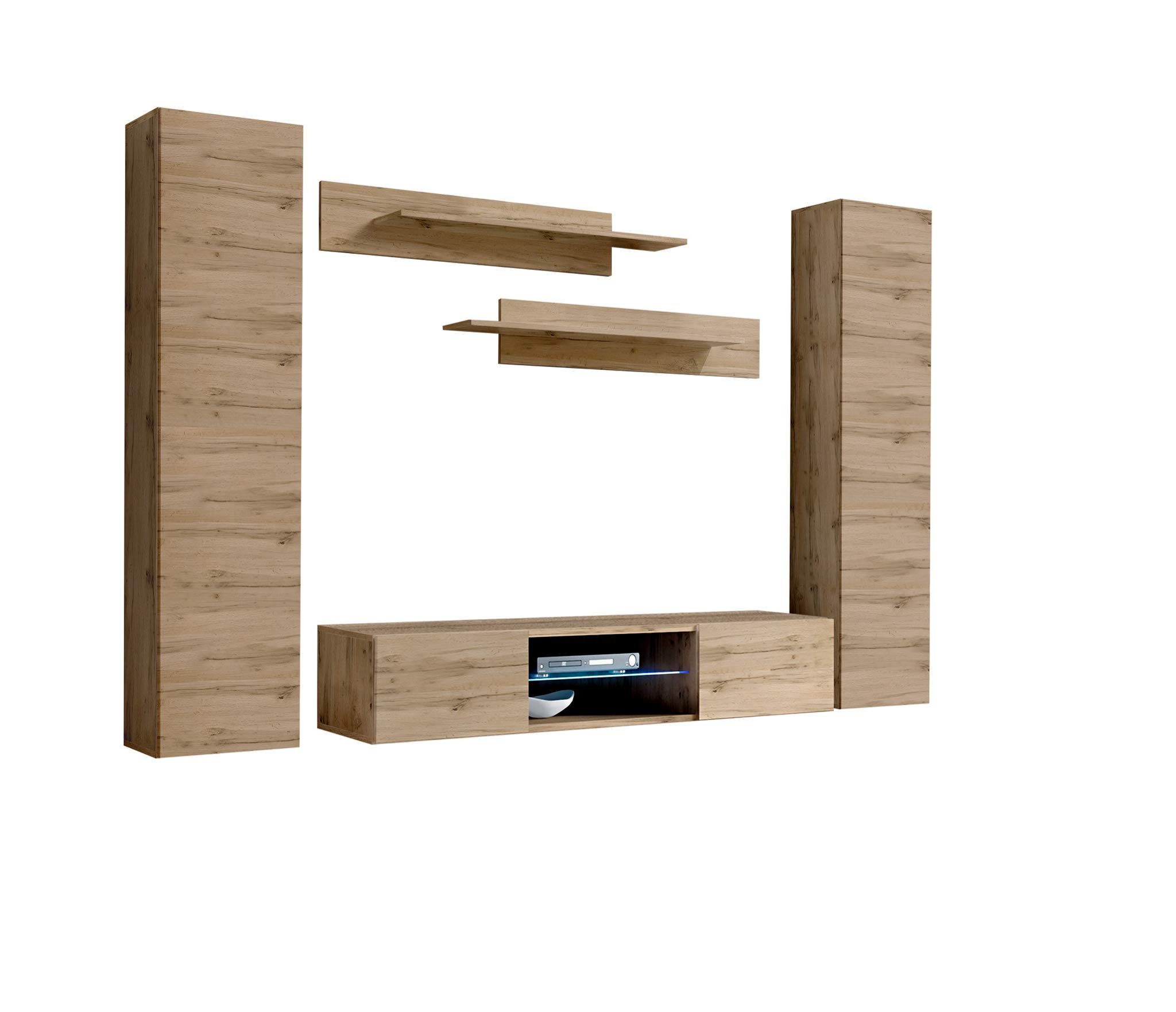 Modern Oak Wall-Mounted TV Stand with Storage Shelves & LED Lights - Floating Entertainment Center Console for Living Room & Bedroom - Perfect for Small Spaces & Home Theater Setup - Meble Furniture Fly AB1 33TV Stand