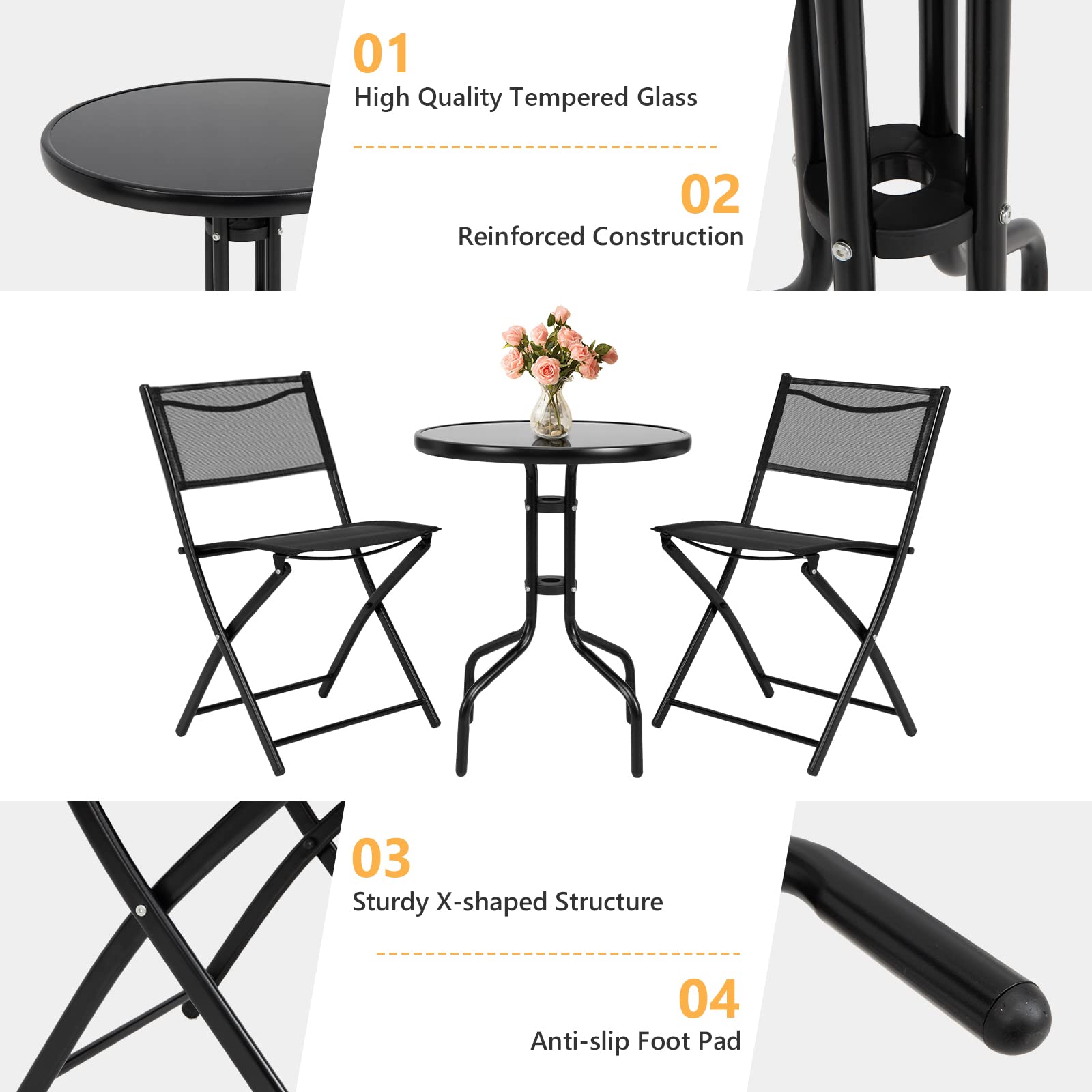HappyGrill 3-Piece Bistro Set - Round Coffee Table & 2 Folding Chairs for Outdoor Dining - Perfect for Balcony, Garden, Backyard, Patio & Small Spaces